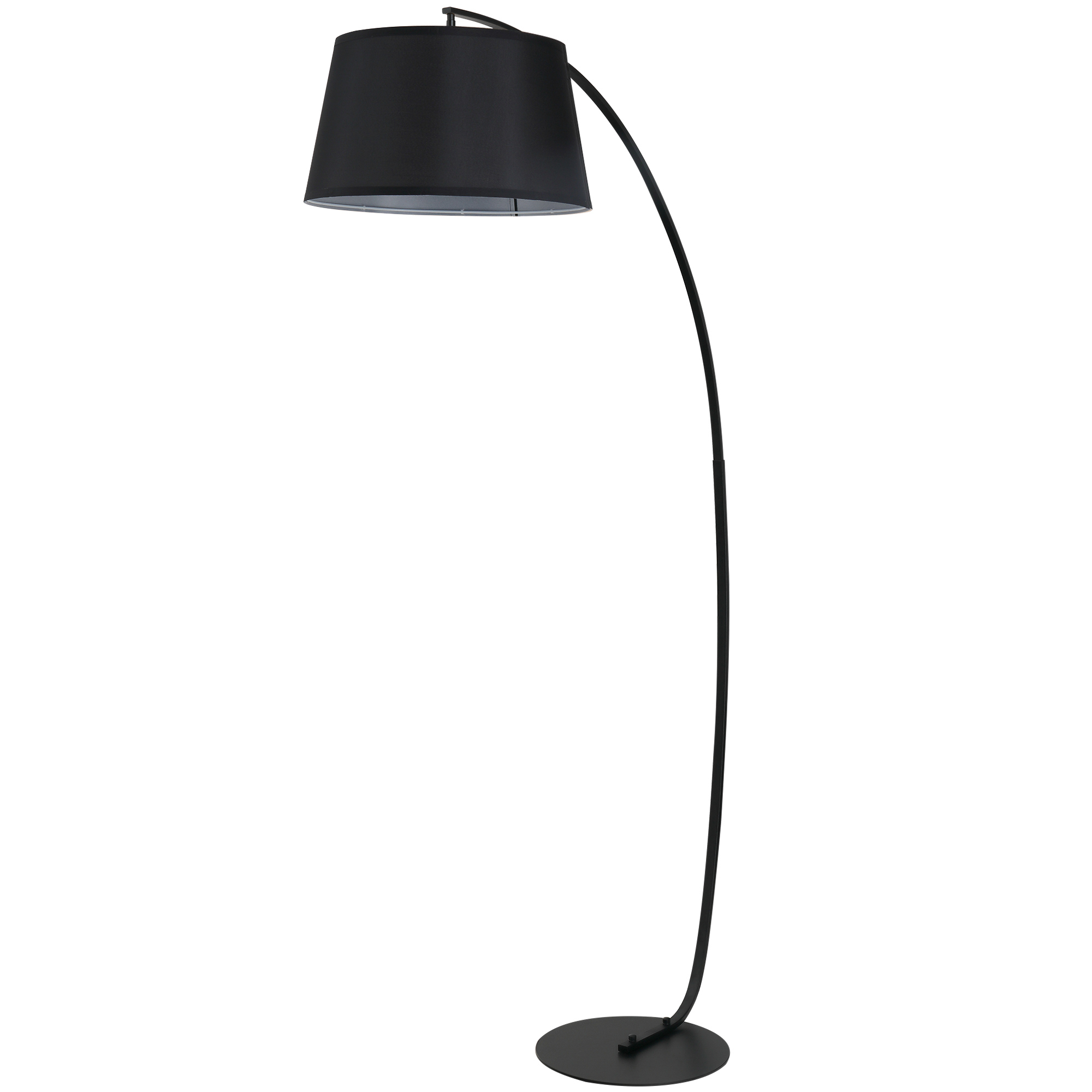 Lampada da terra nera con braccio curvo e paralume nero.