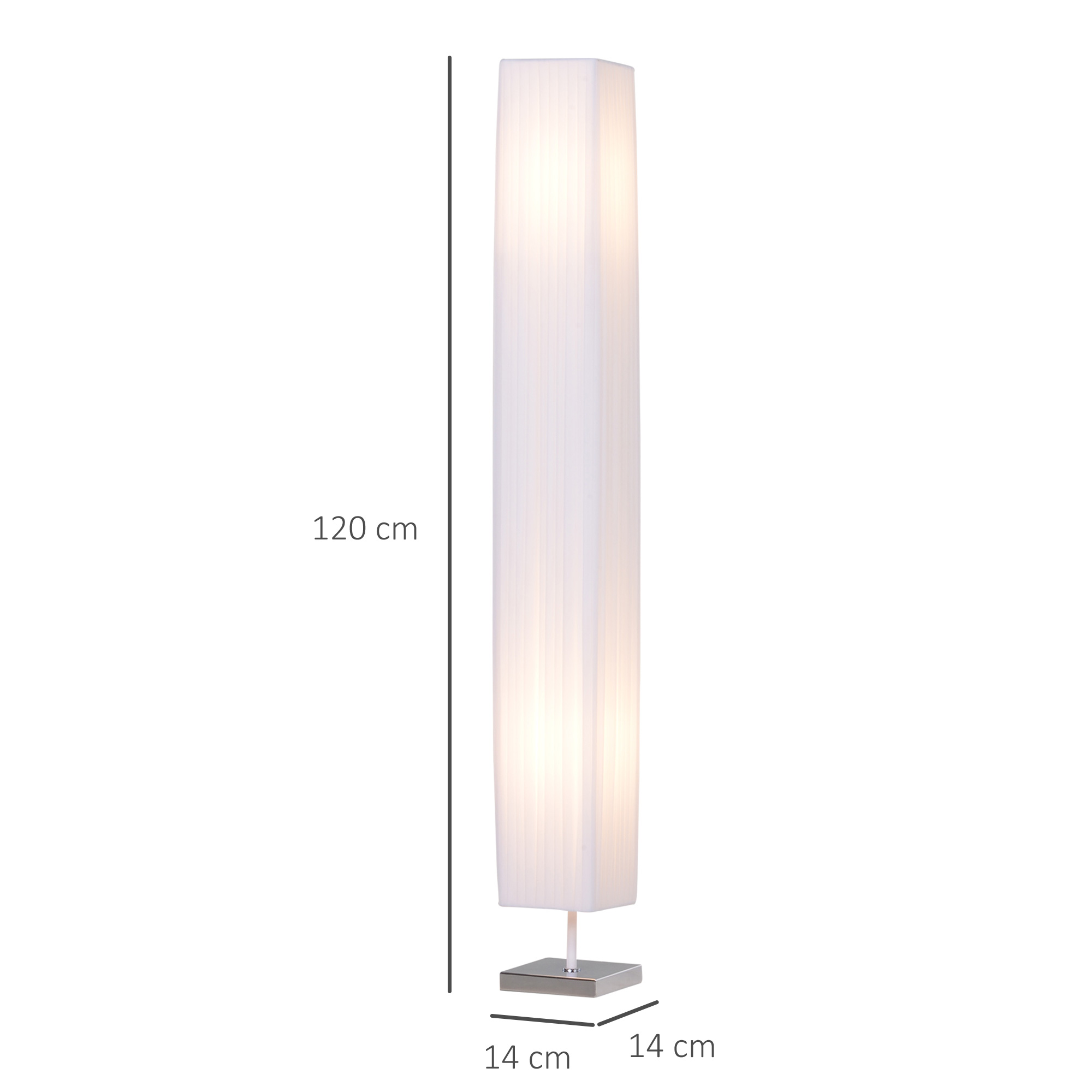 Lampada da terra rettangolare bianca, con misure indicate, su sfondo bianco.