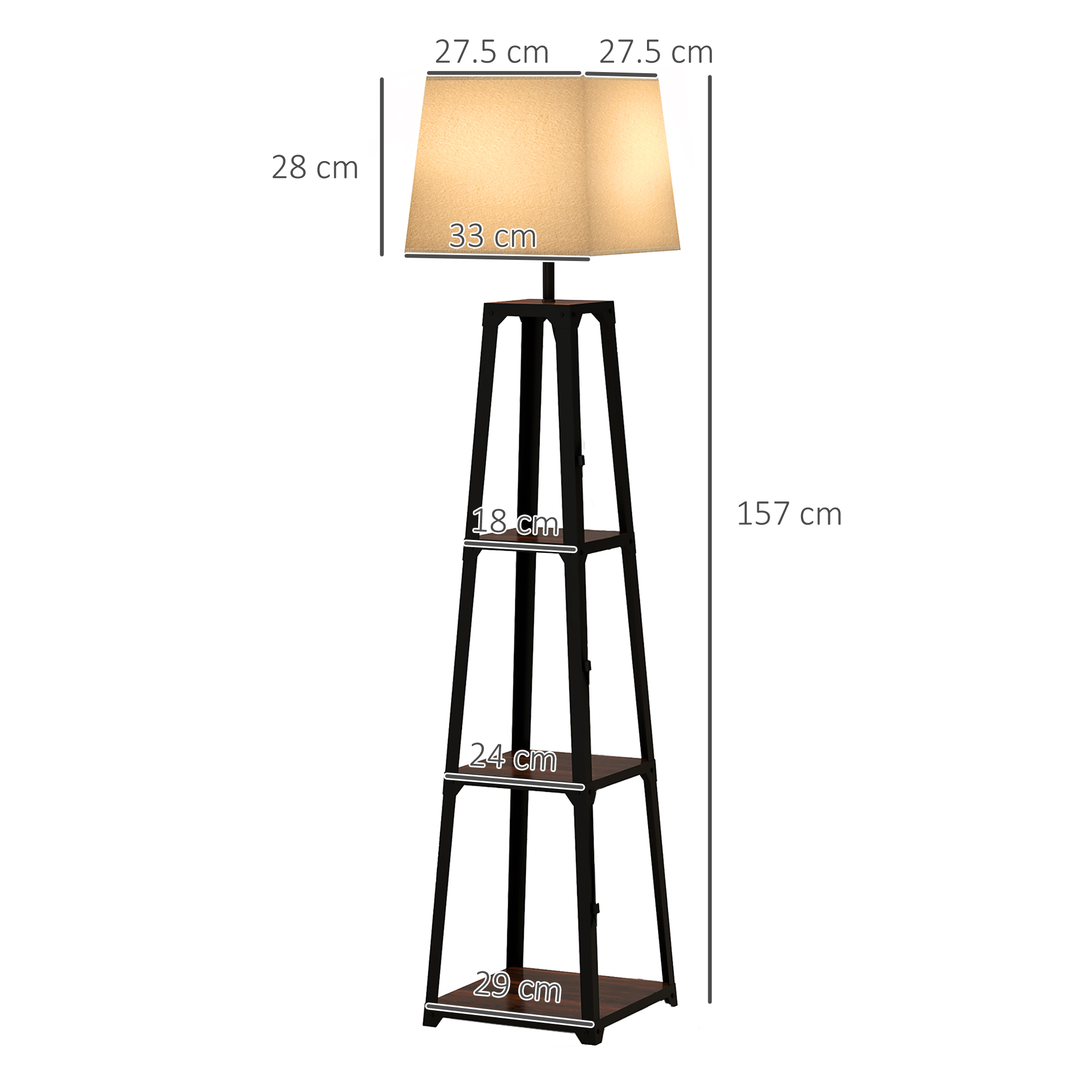 Lampada da terra nera e marrone con tre ripiani, dimensioni indicate, e paralume beige.