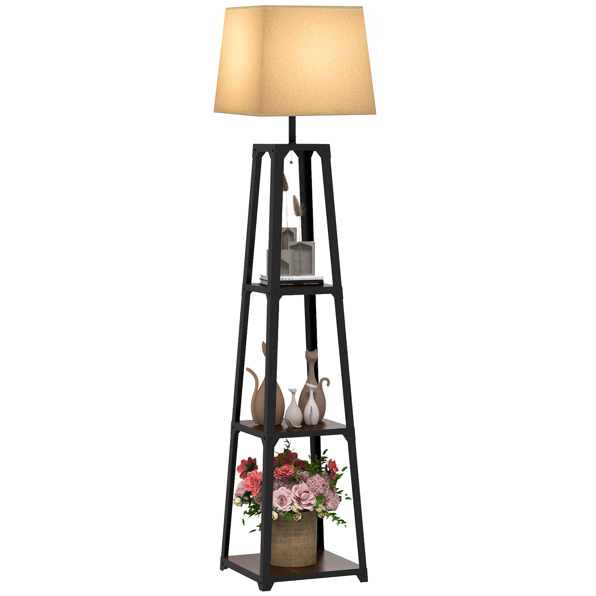 Una lampada nera alta con mensole e un cesto di fiori. È visibile un paralume marrone.
