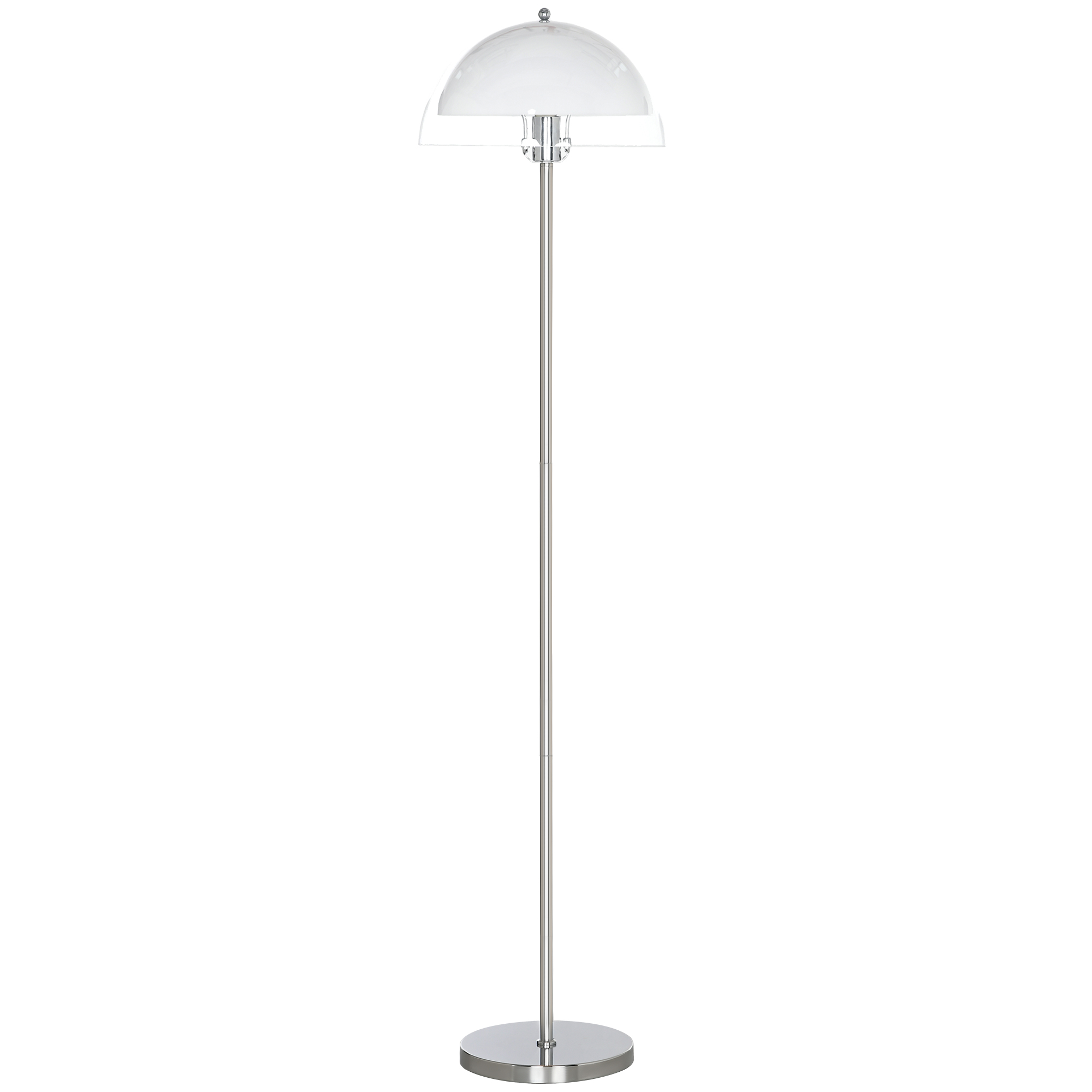Lampada da terra argentata con paralume a forma di cupola. Sfondo bianco.