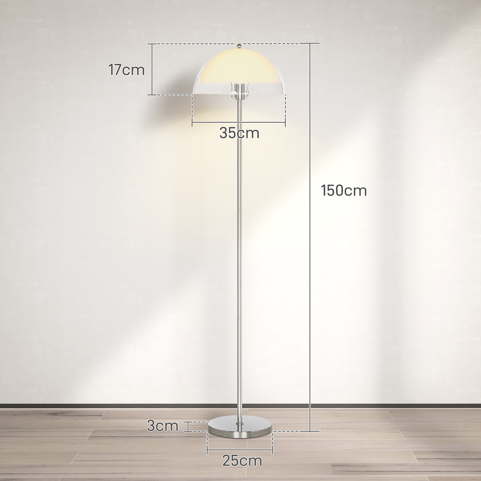Una lampada da terra argentata con paralume a semicerchio, con dimensioni indicate.