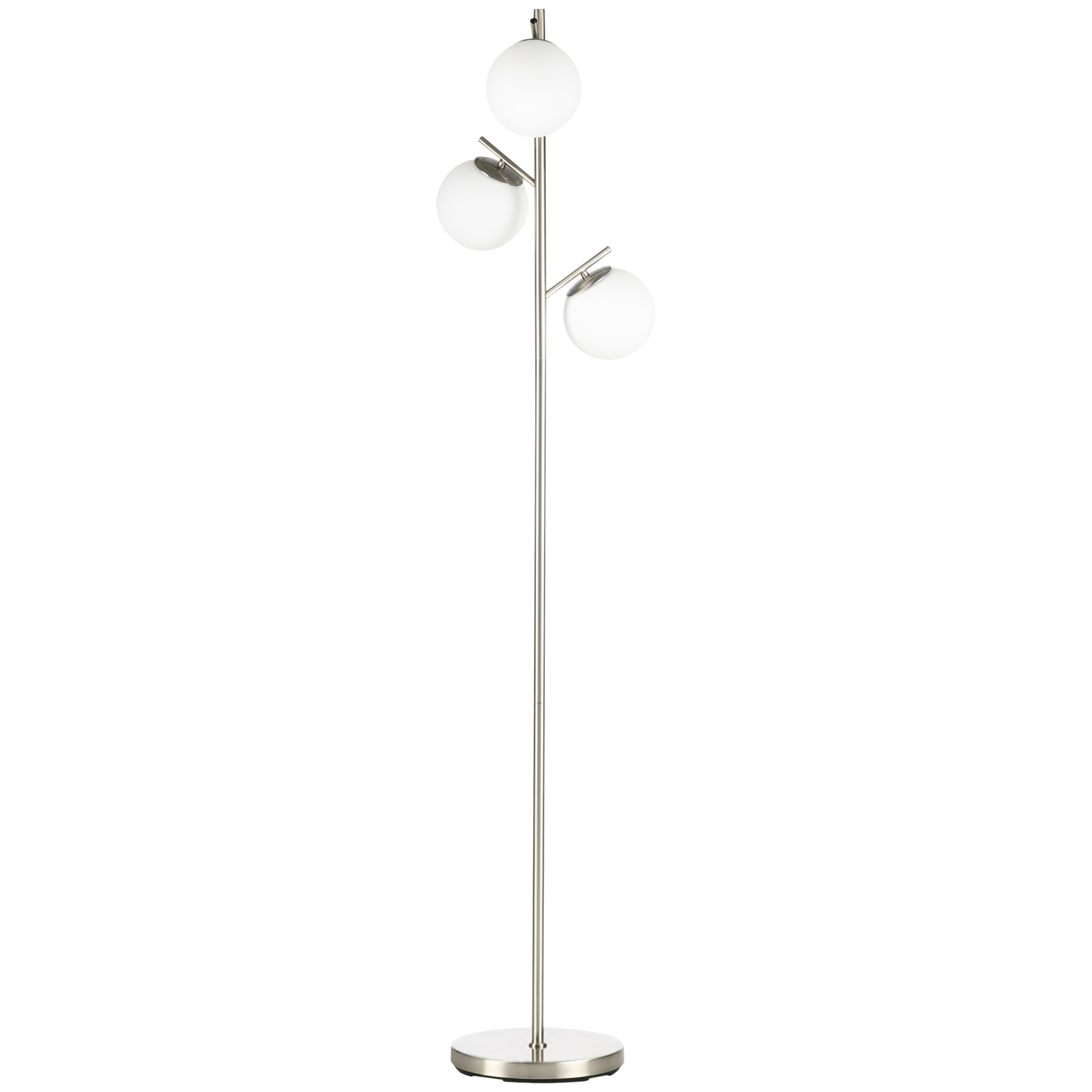 Una lampada da terra argentata con tre luci sferiche su sfondo bianco.