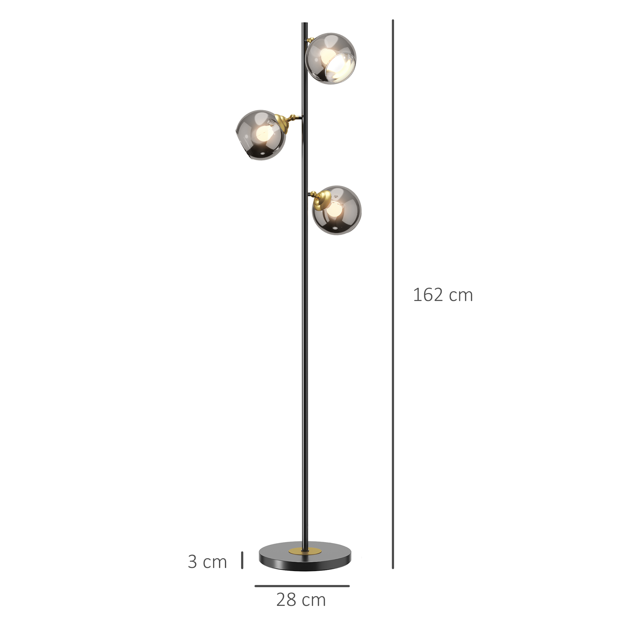 Una lampada nera con tre globi luminosi. La lampada ha le dimensioni scritte.