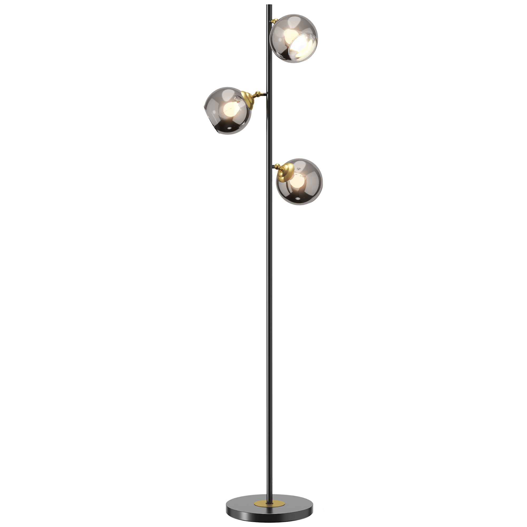 Lampada da terra con tre paralumi a globo in vetro e supporto nero, sfondo bianco.