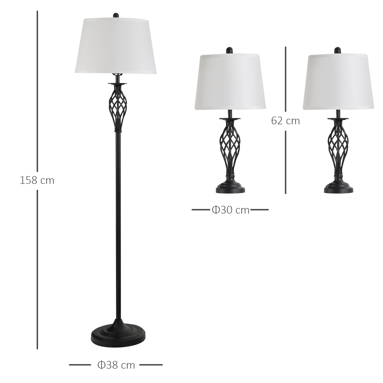 Lampada da terra nera con paralume bianco. Due lampade più piccole con design simile. Sfondo bianco.