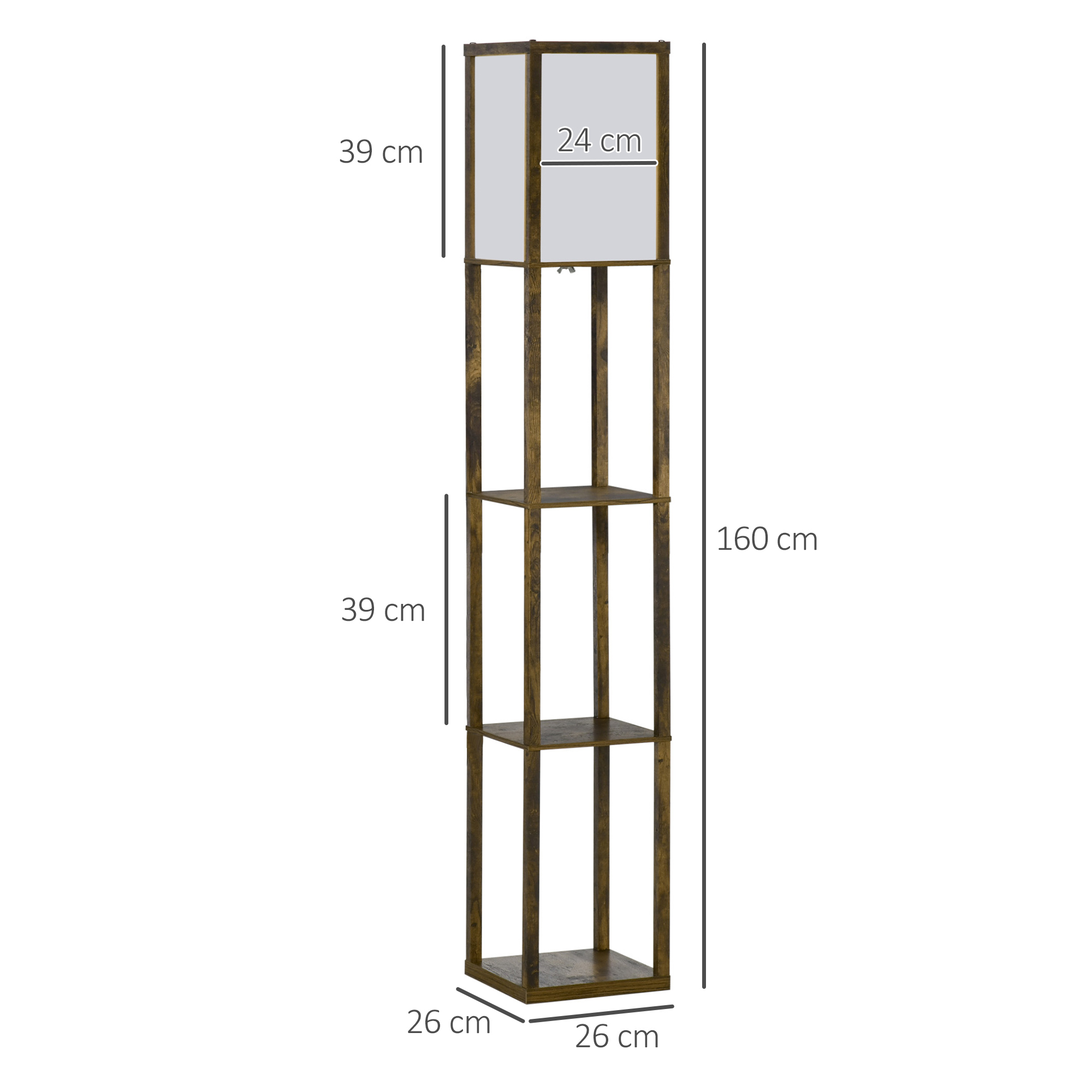 Una lampada da terra alta, marrone, con mensole. Dimensioni fornite. Sfondo bianco, design semplice.