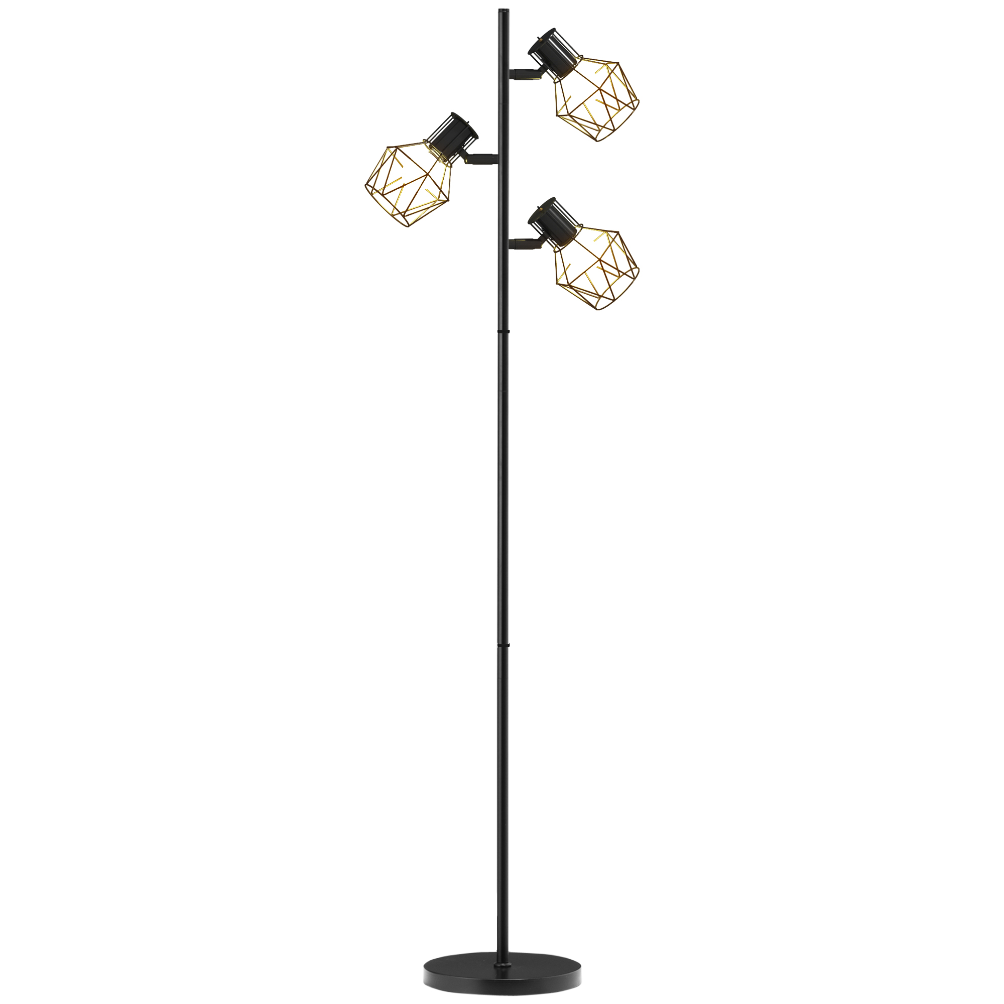 Lampada da terra con tre luci a gabbia geometriche e supporto nero, sfondo bianco.