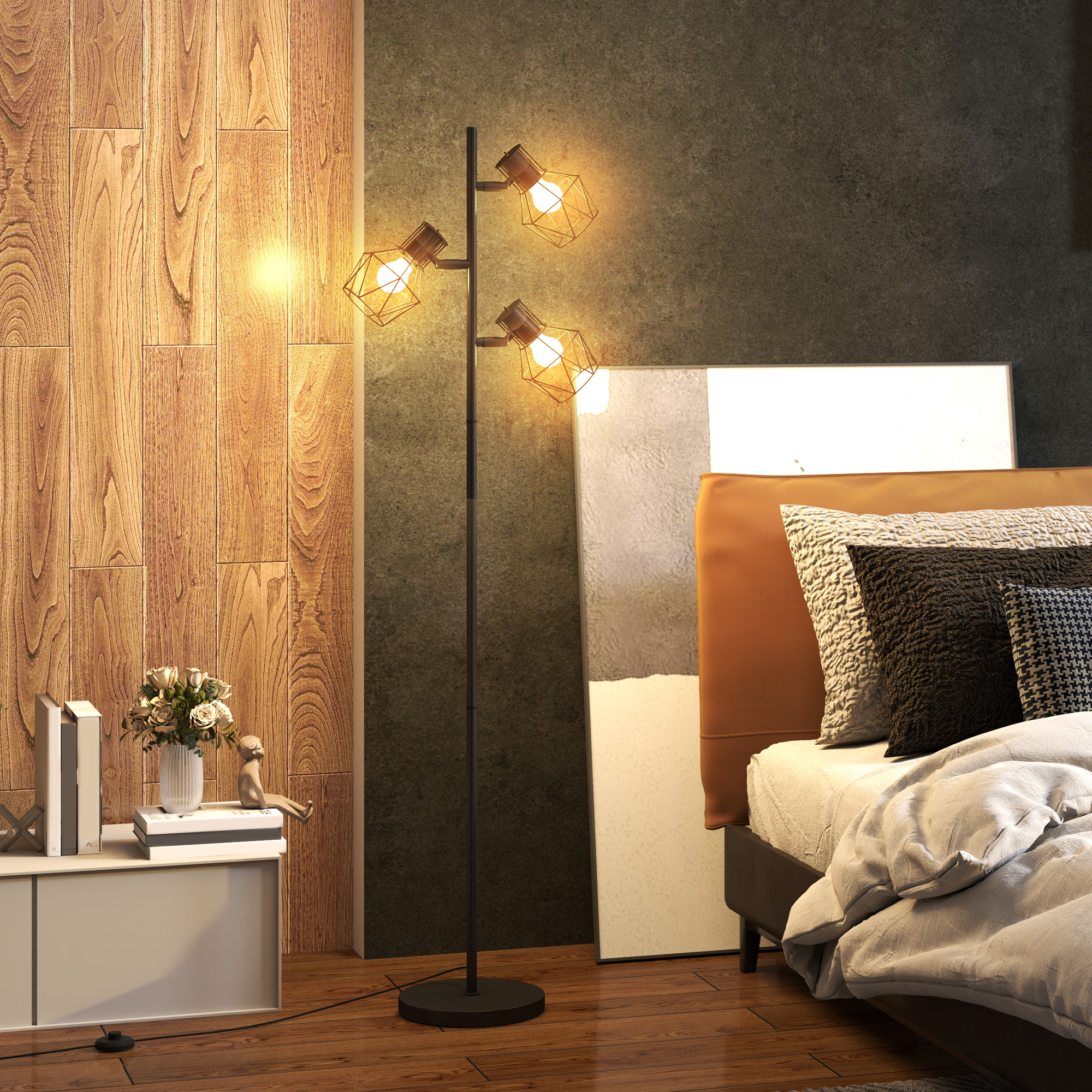 Lampada da terra con tre lampade geometriche. Un letto con un dipinto e decorazioni è visibile.