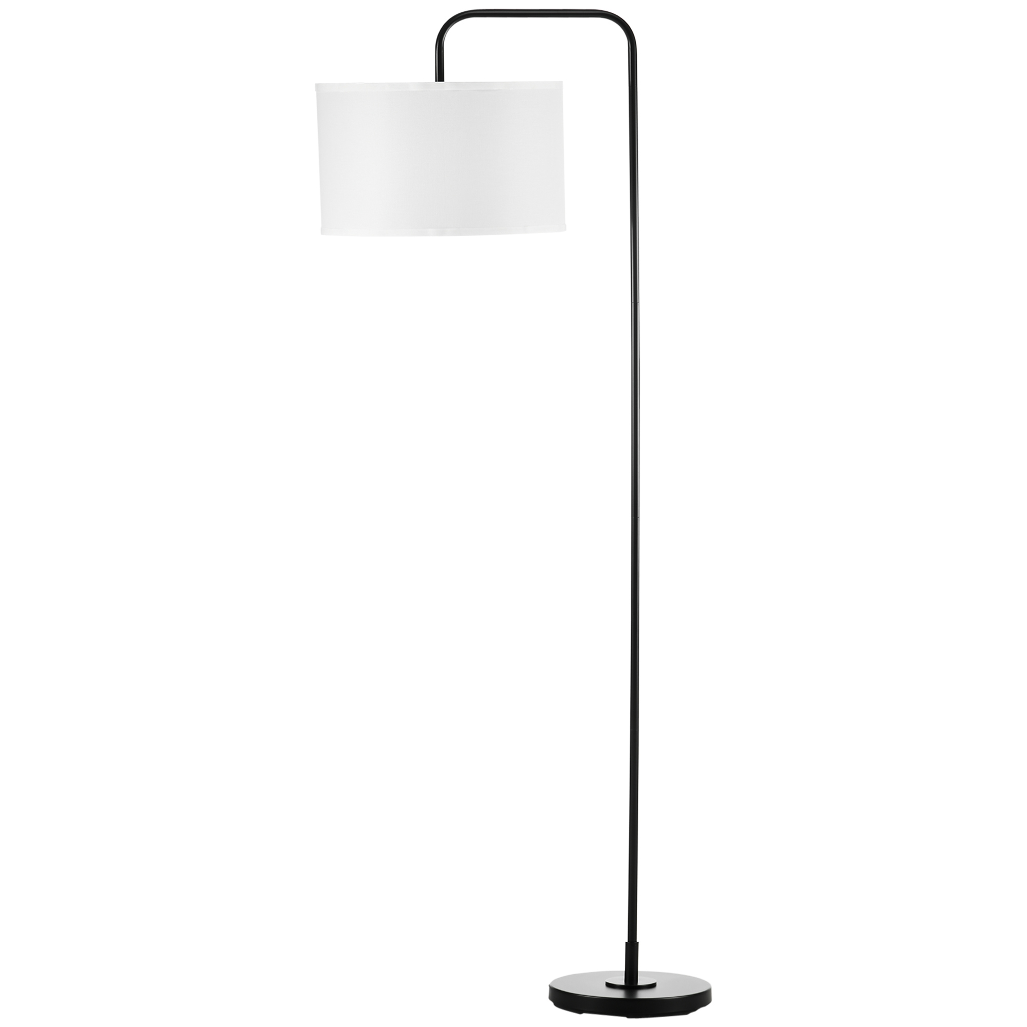 Lampada da terra nera con braccio curvo e paralume cilindrico bianco.