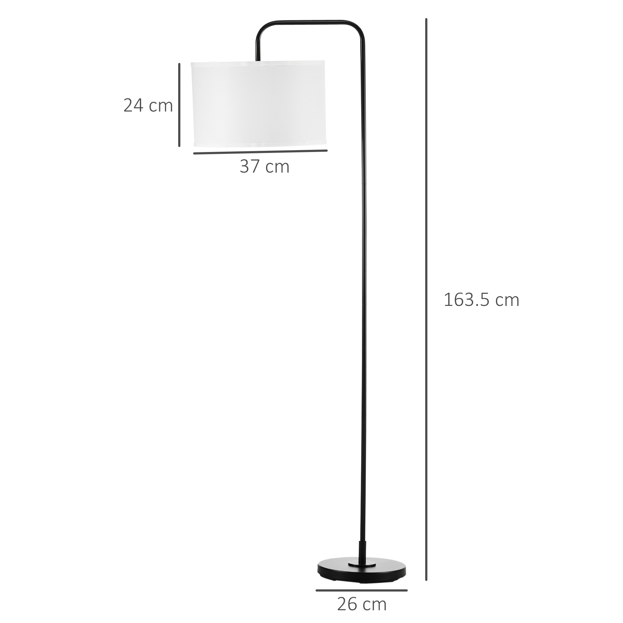 Una lampada da terra nera con paralume rettangolare bianco. Dimensioni indicate.