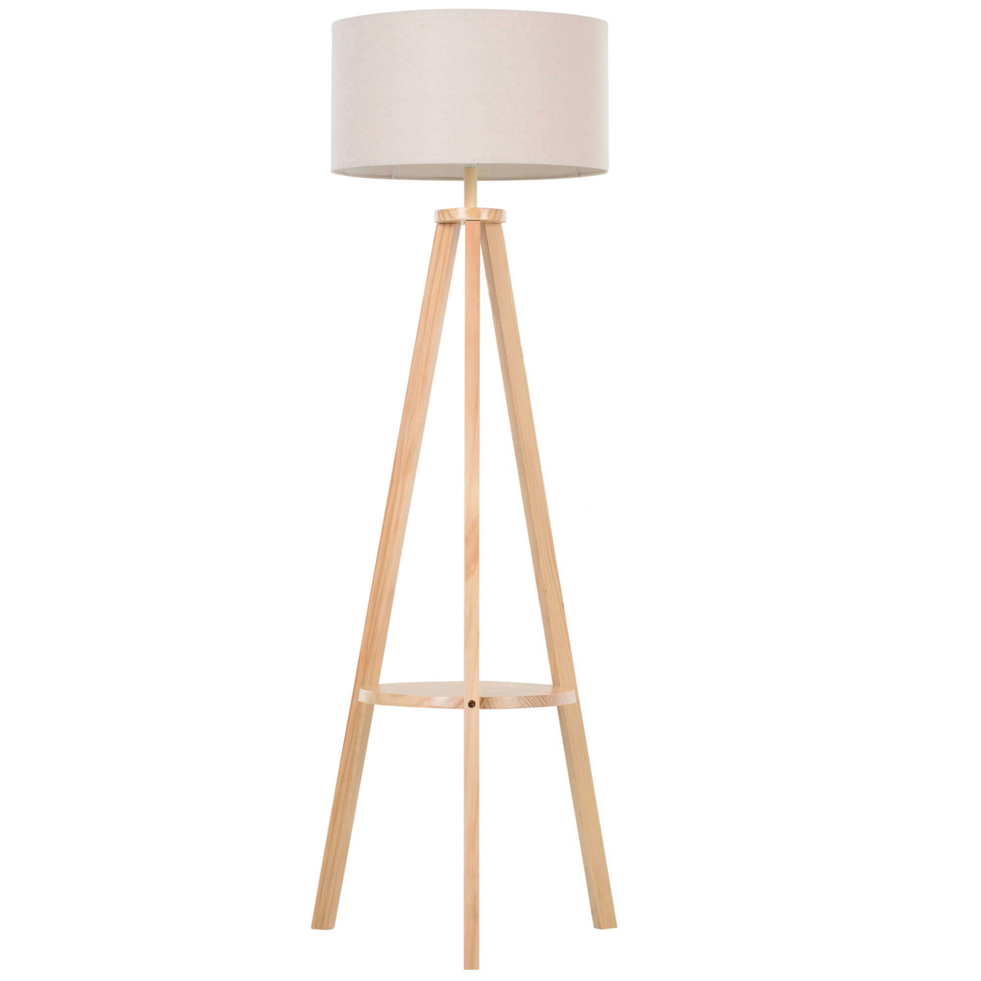 Una lampada da terra a treppiede in legno con paralume beige su sfondo bianco.