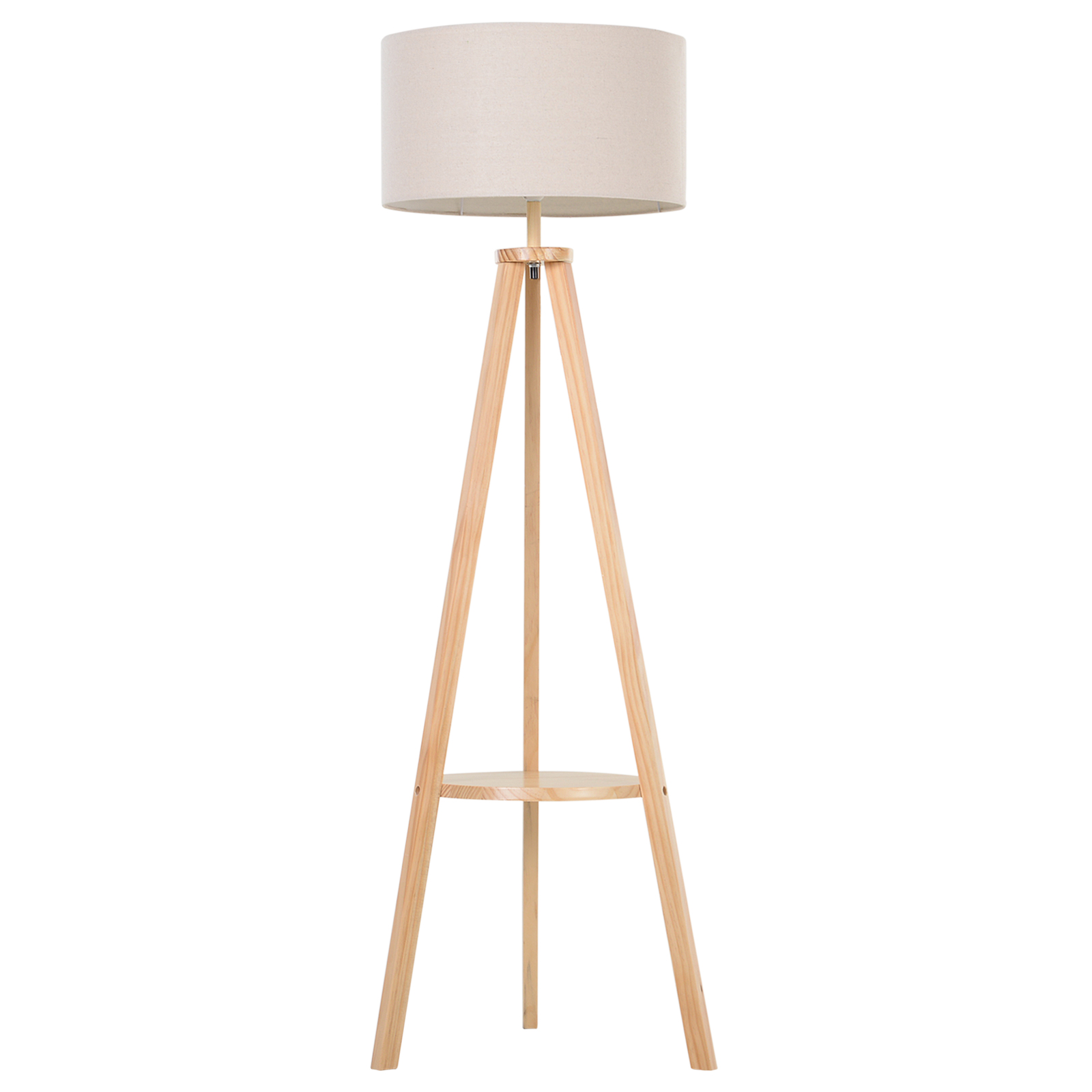 Lampada da terra a treppiede in legno con paralume beige su sfondo bianco.