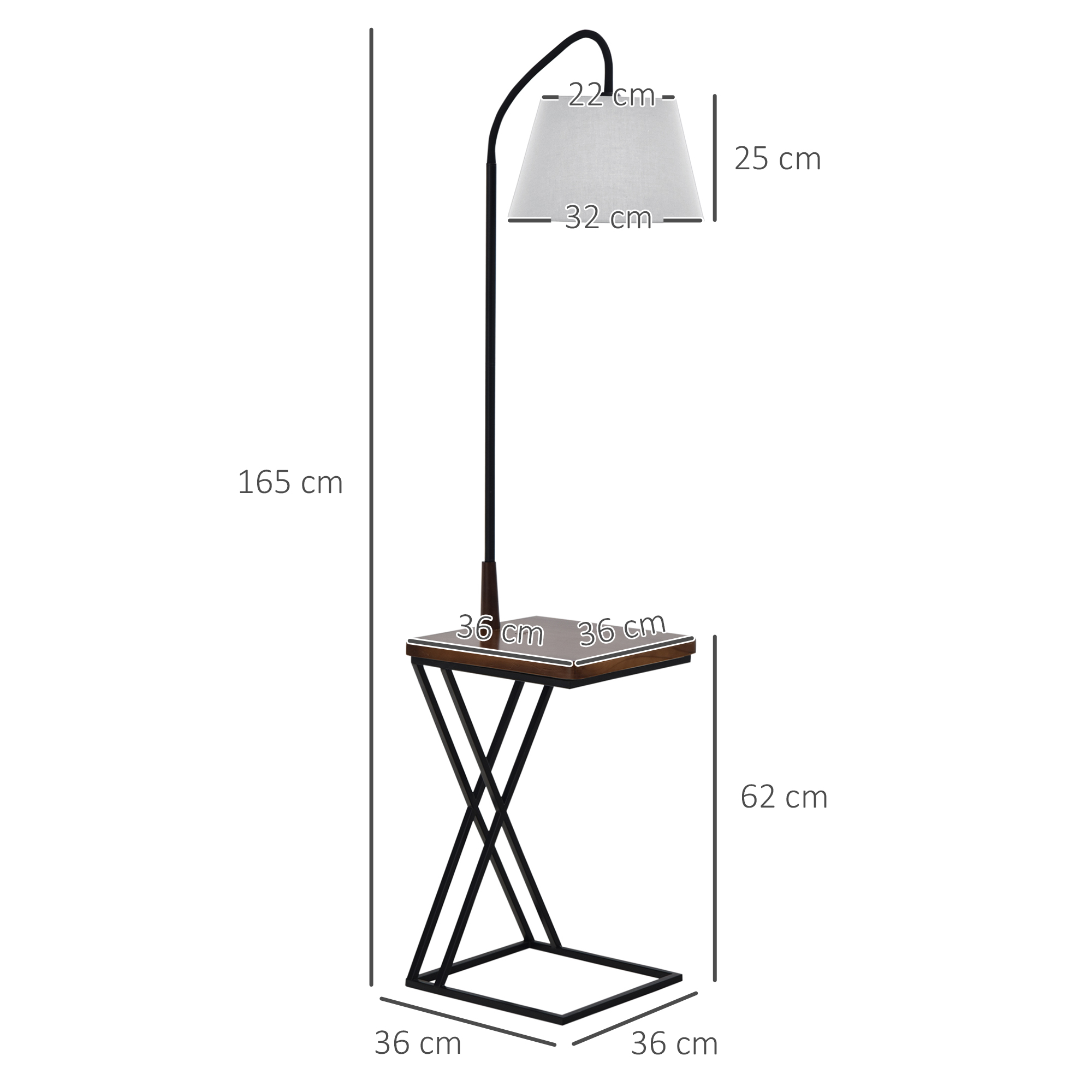 Lampada da terra con tavolino, con misure indicate, e paralume bianco.