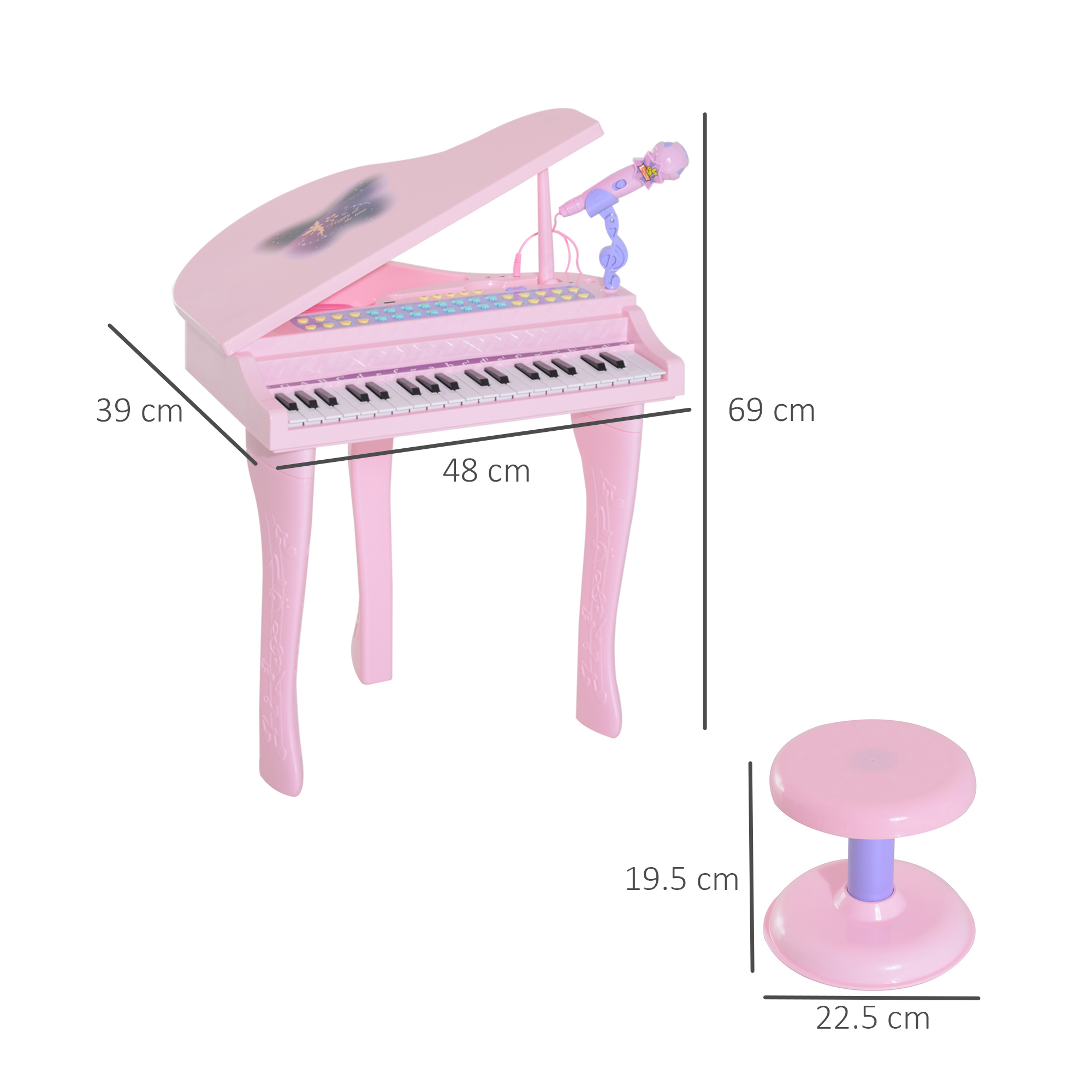 Un pianoforte giocattolo rosa con microfono, sgabello e dimensioni visualizzate.