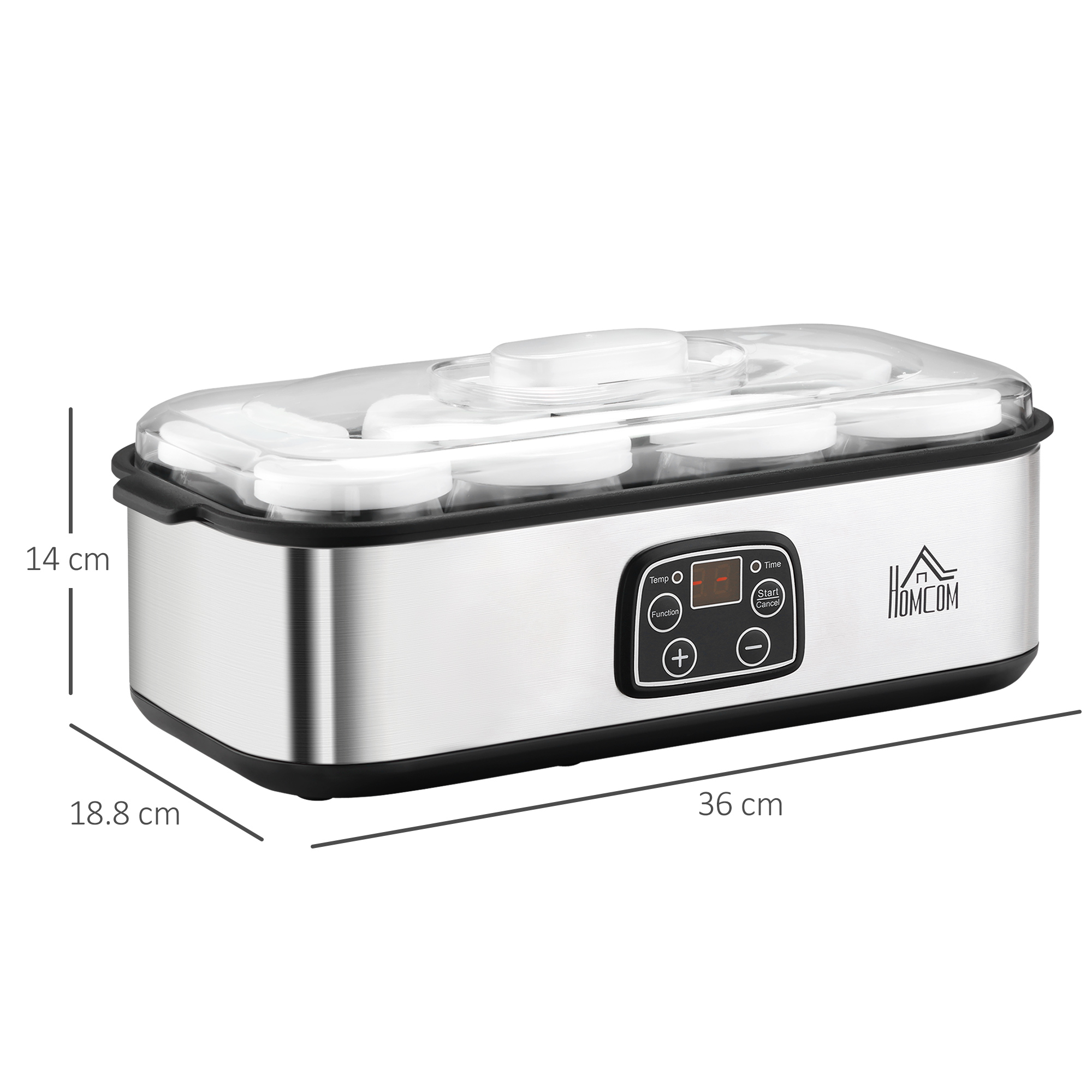 Yogurtiera argentata con coperchio trasparente. Dimensioni: 36 cm lungo, 18,8 cm largo, 14 cm alto.