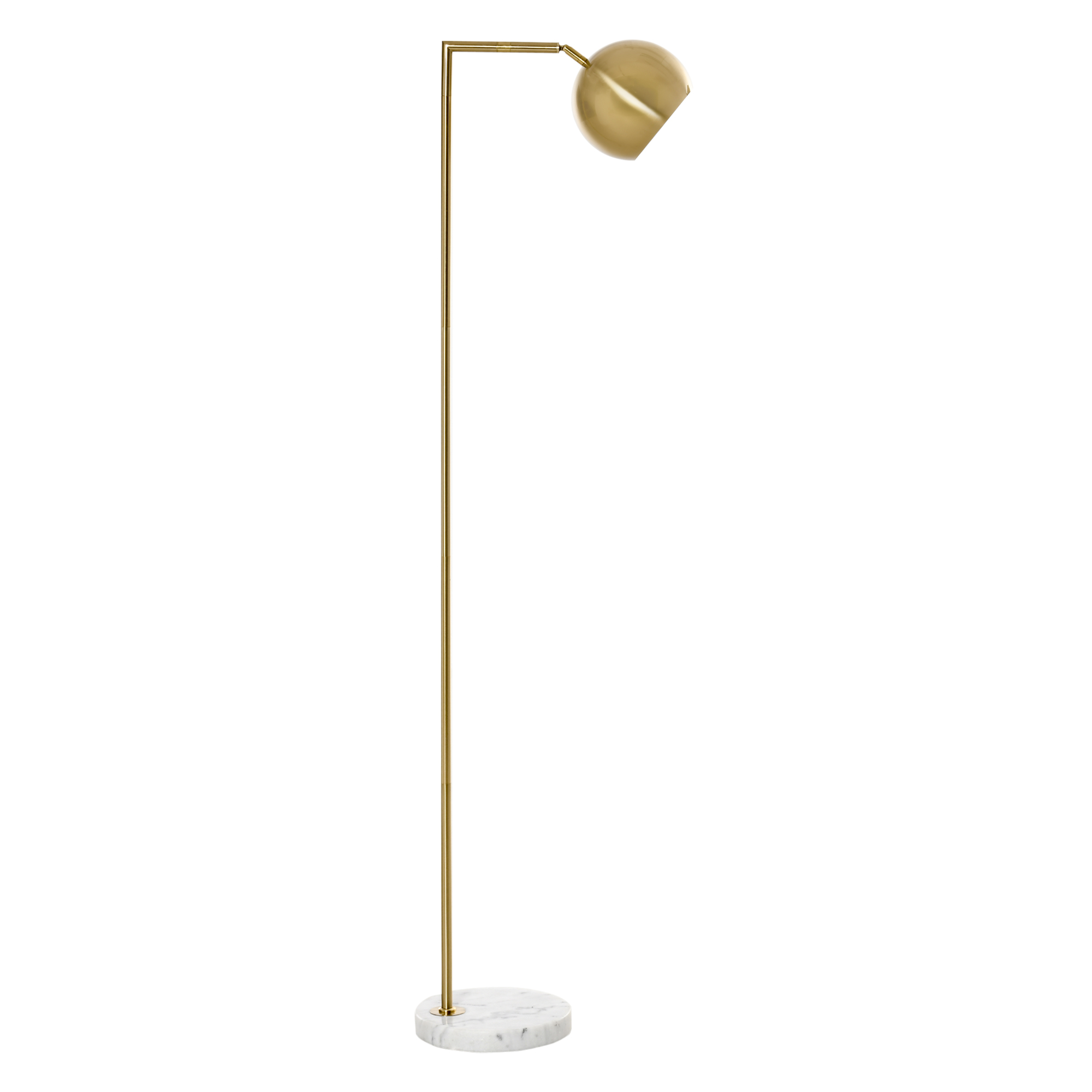 Lampada da terra dorata con base rotonda in marmo e paralume sferico.