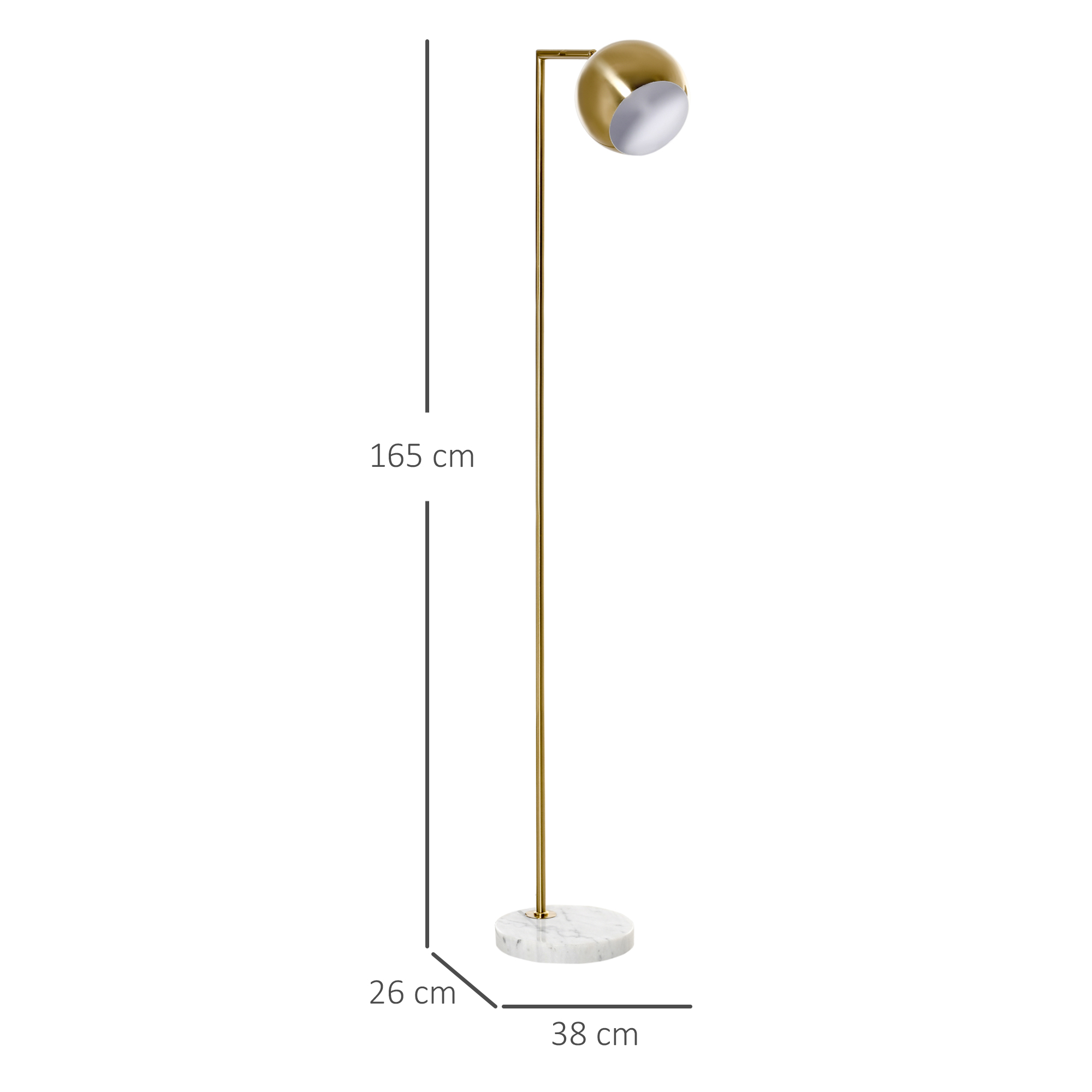 Una lampada da terra dorata con paralume bianco e base in marmo. Le dimensioni sono indicate.