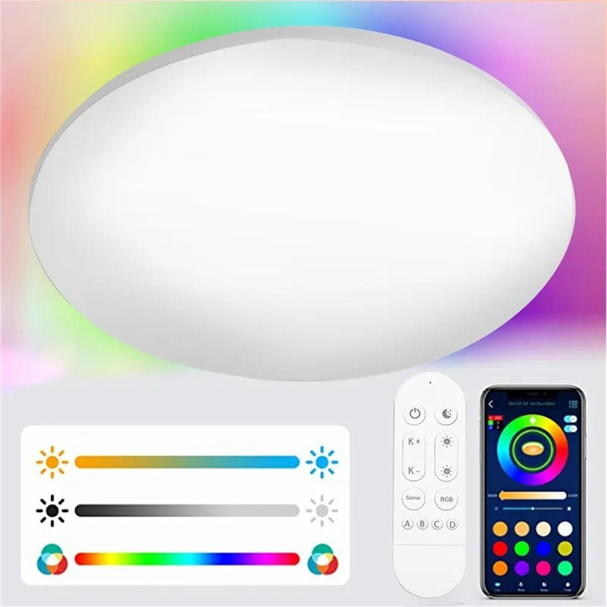 Weiße Deckenlampe mit Fernbedienung und Telefon. Lampe, Fernbedienung und Telefon zeigen Einstellungen.
