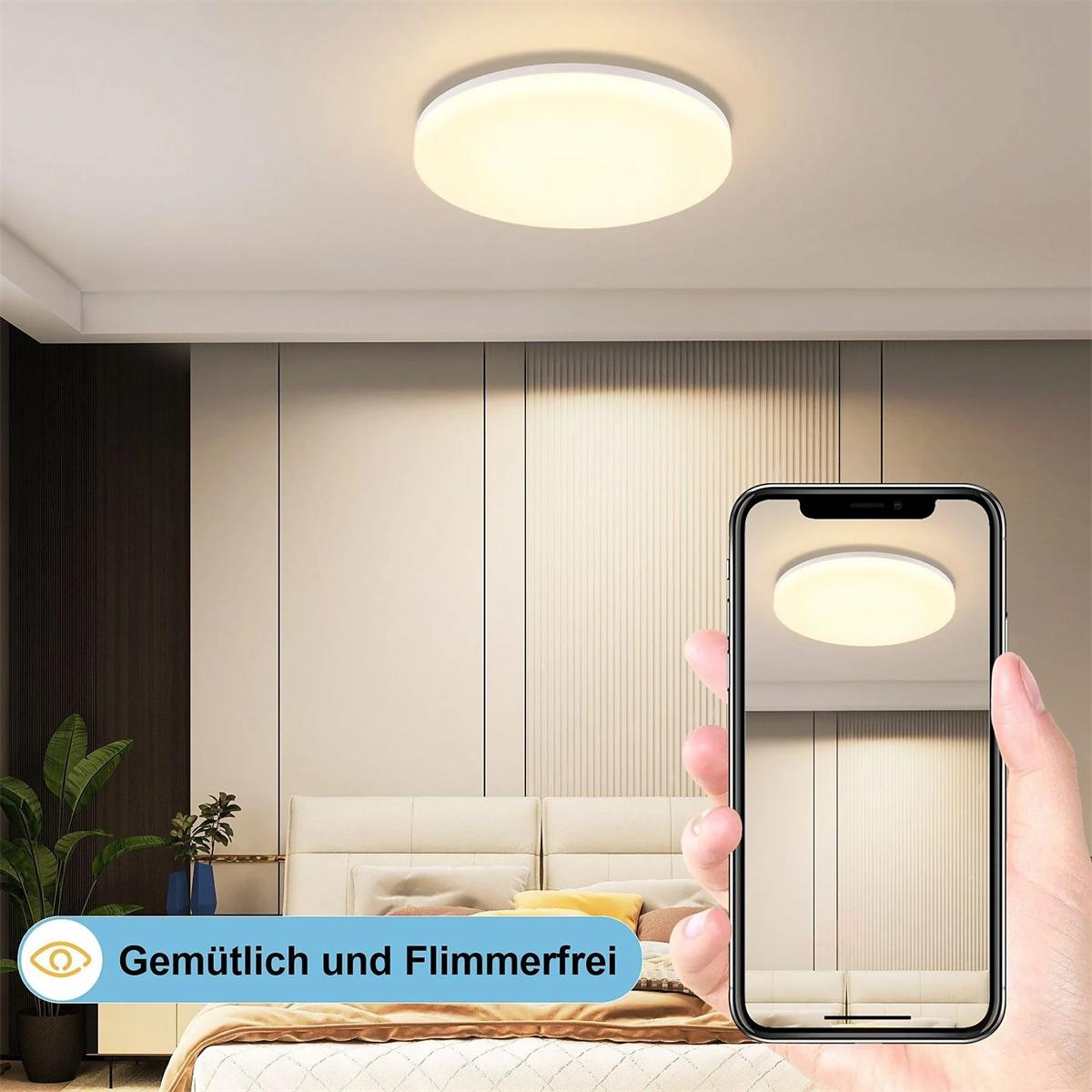 Runde Deckenleuchte und Hand, die Telefon mit gleichem Licht hält.
