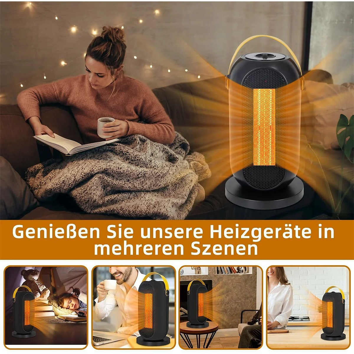 Frau liest Buch und ein schwarzer Heizlüfter mit orangefarbenem Schein. Zusätzliche Szenen sind gezeigt.