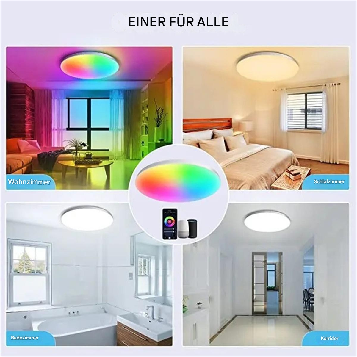 Eine Deckenlampe mit Farbwechsel. Das Bild zeigt verschiedene Räume mit Lampen.