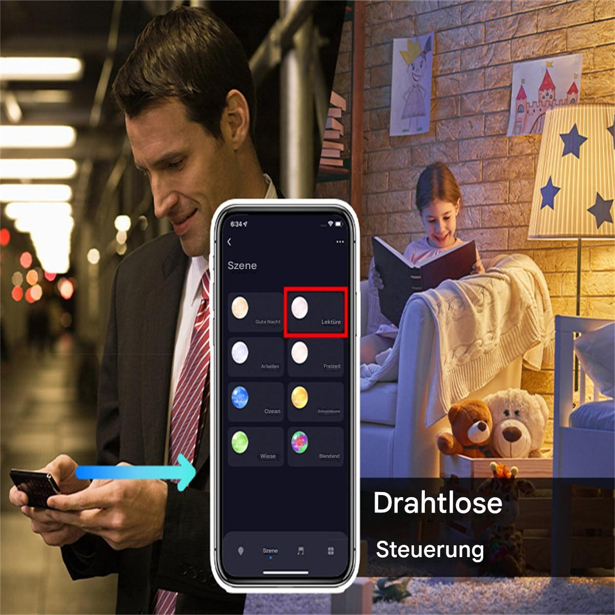 Mann steuert Smart-Home-Lichter per Telefon. Mädchen liest im Hintergrund, gemütliches Wohnzimmer.