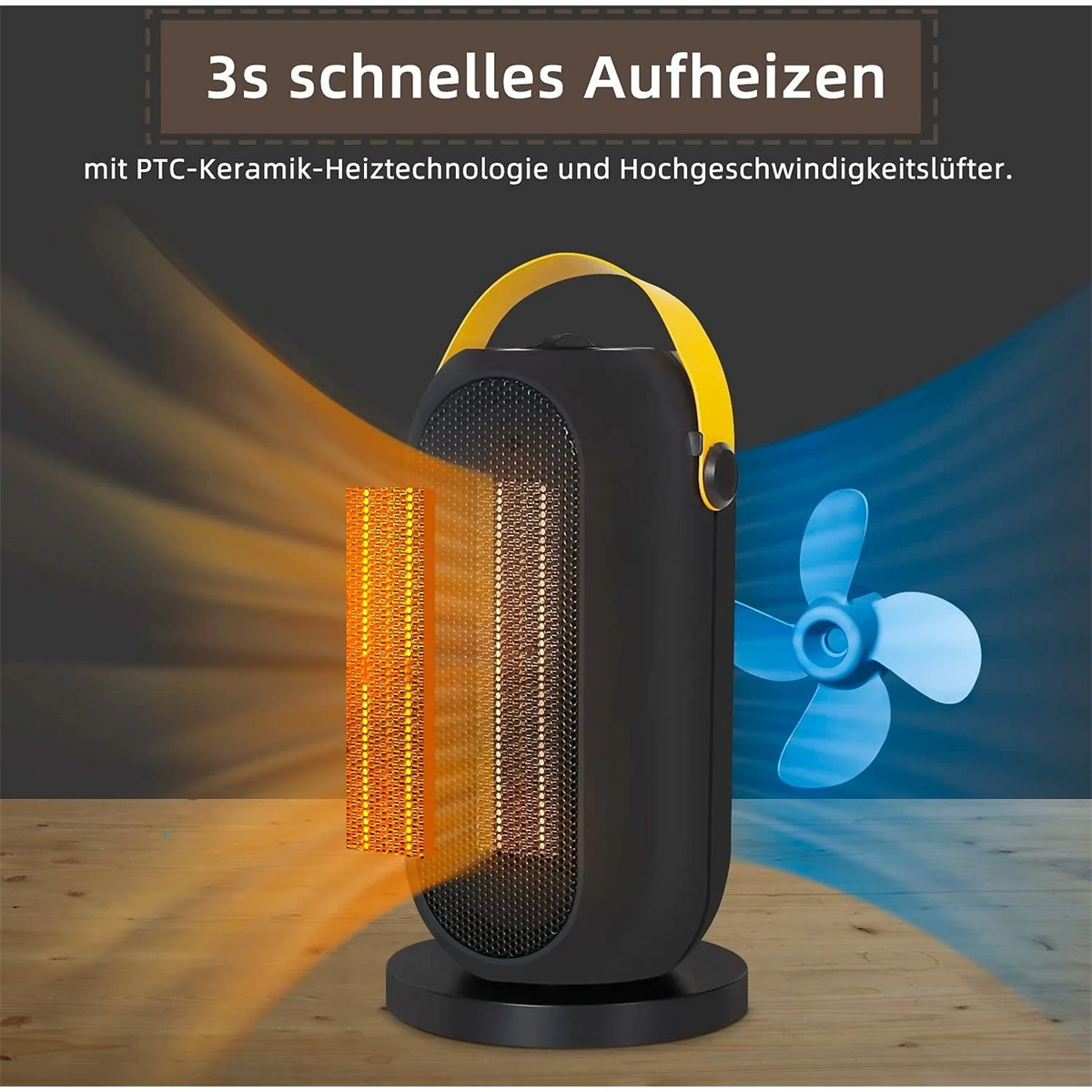 Schwarzer und gelber Heizlüfter mit Lüfter. Es zeigt warme und kalte Luft.