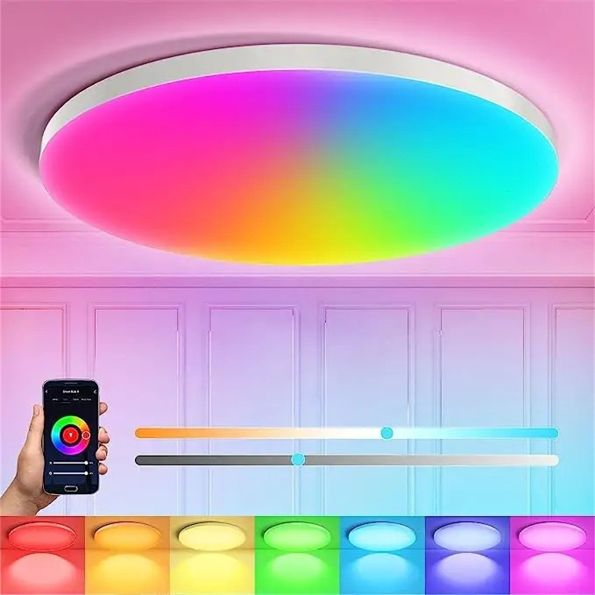 Runde Deckenlampe mit Farbverläufen, gesteuert über eine Telefon-App mit Farboptionen.