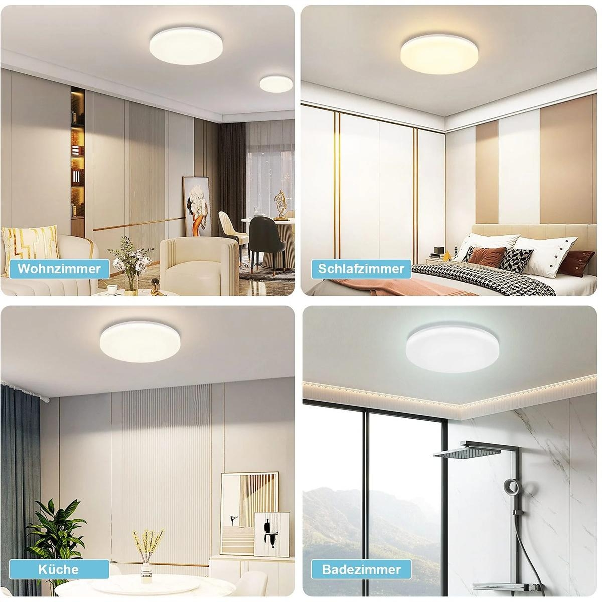 Vier Bilder von Deckenleuchten in verschiedenen Räumen: Wohnzimmer, Schlafzimmer, Küche und Badezimmer.