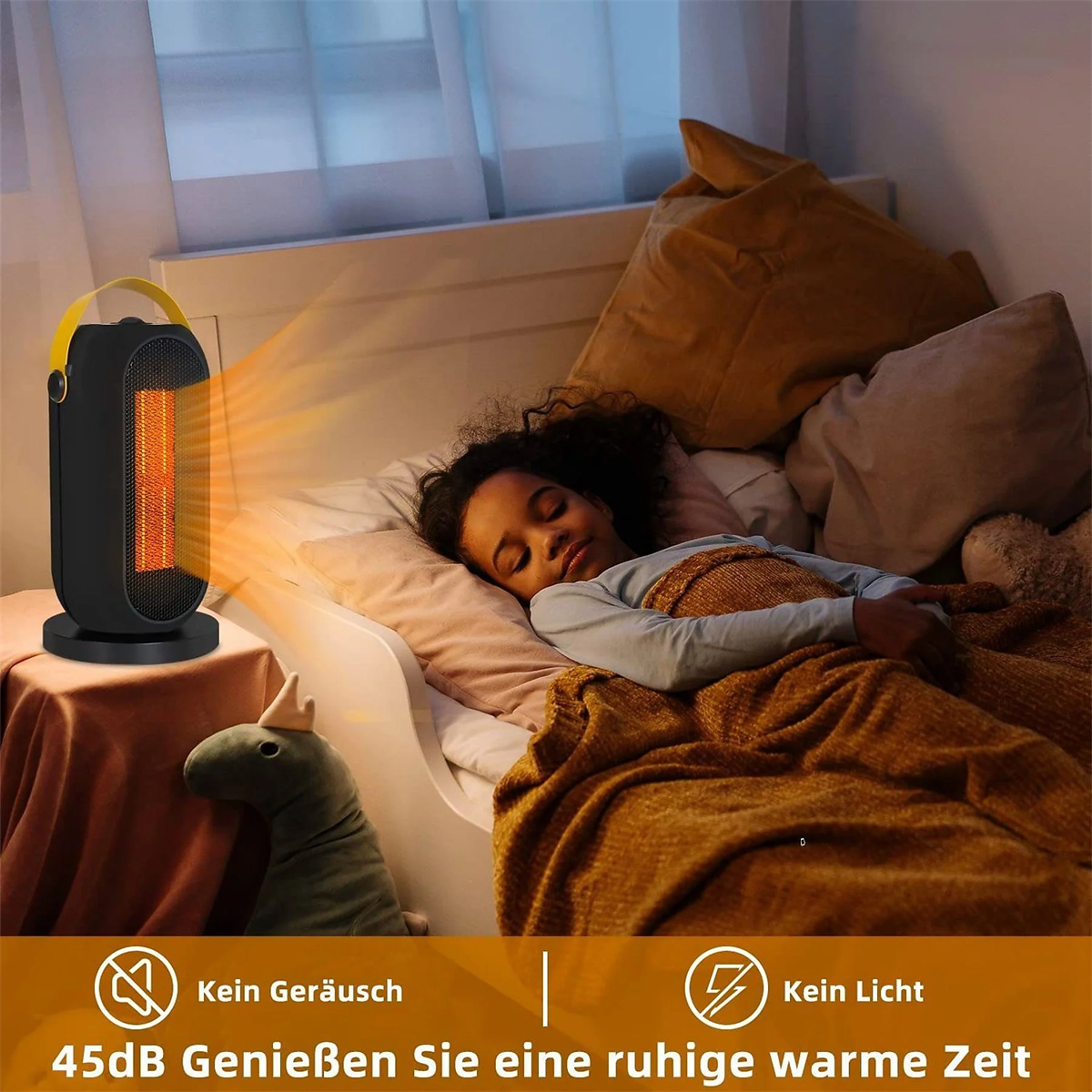 Ein schlafendes Mädchen liegt im Bett, neben ihr ist eine Heizung eingeschaltet. Text unten sagt 'kein Lärm, kein Licht'.