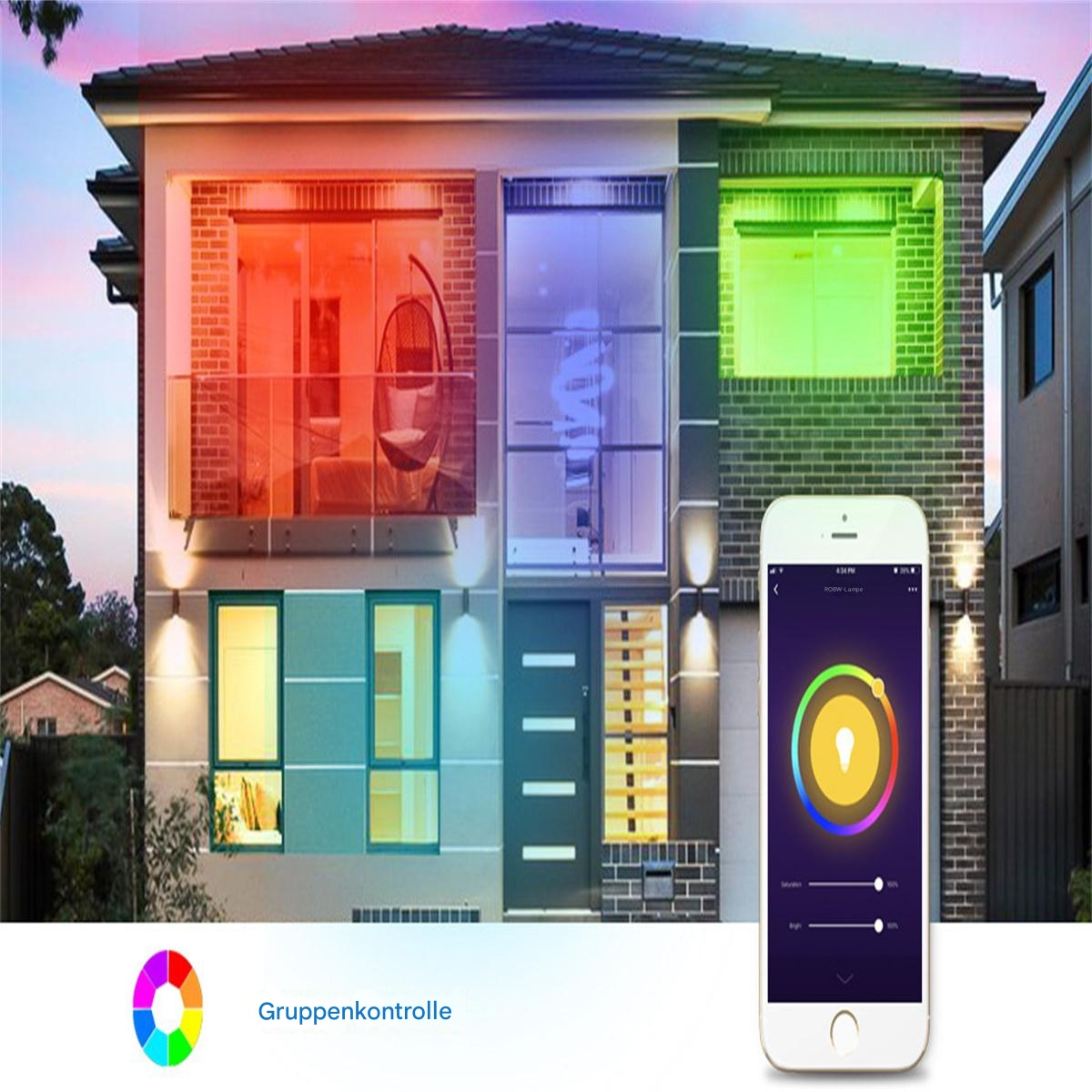Haus mit bunten Lichtern, gesteuert von einem Telefon. Das Telefon zeigt ein Farbrad. Text sagt „Gruppenkontrolle“.