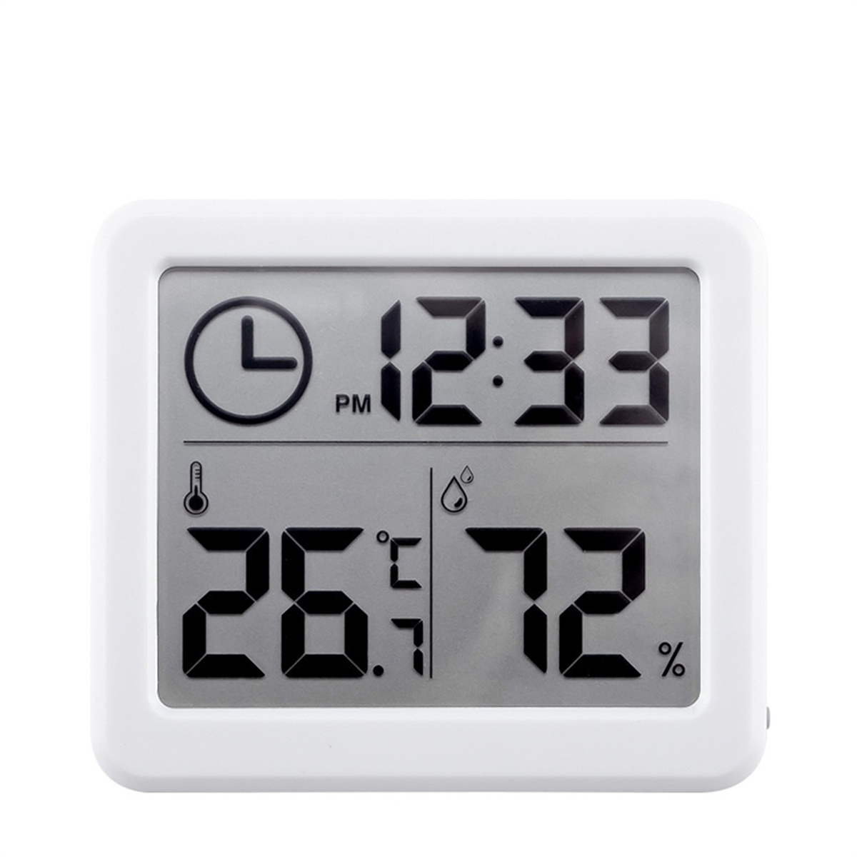 Weiße Digitaluhr mit Zeit-, Temperatur- und Feuchtigkeitsanzeige. Sie hat eine quadratische Form.