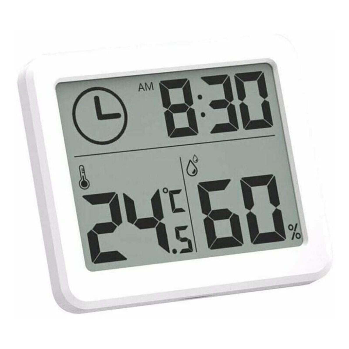 Eine weiße Digitaluhr zeigt 8:30 Uhr an, mit Temperatur- und Feuchtigkeitsmesswerten, auf weißem Hintergrund.