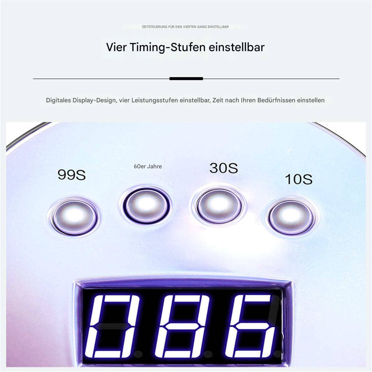 Nahaufnahme eines Geräts mit Tasten mit der Aufschrift 99S, 60s, 30S, 10S und einer Digitalanzeige.