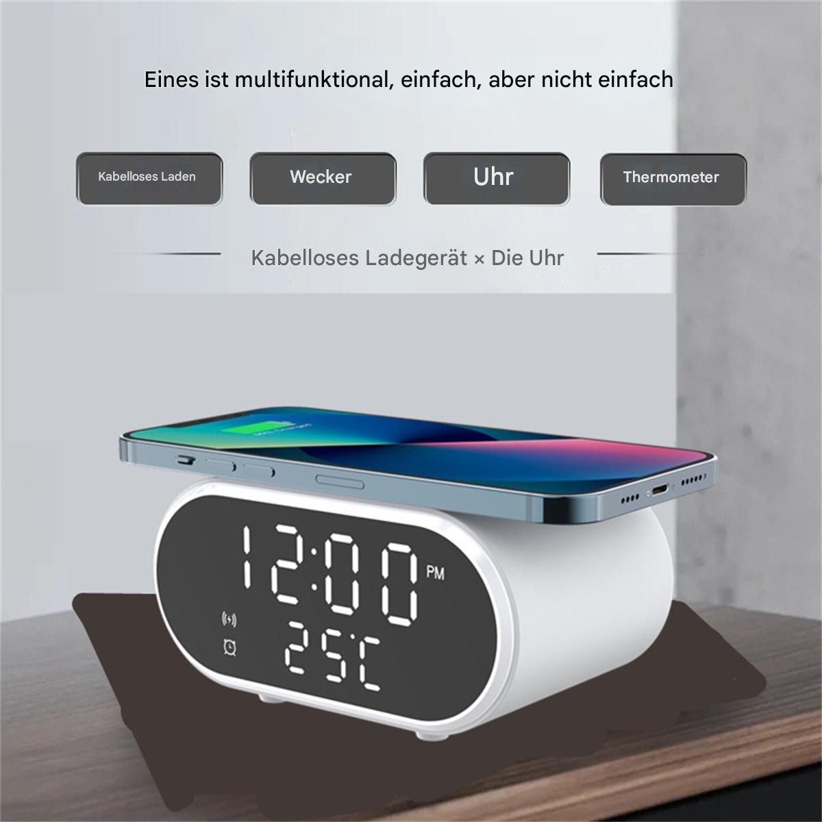 Ein weißer Wecker mit Ladepad und Telefon. Zeigt Uhrzeit und Temperatur an.