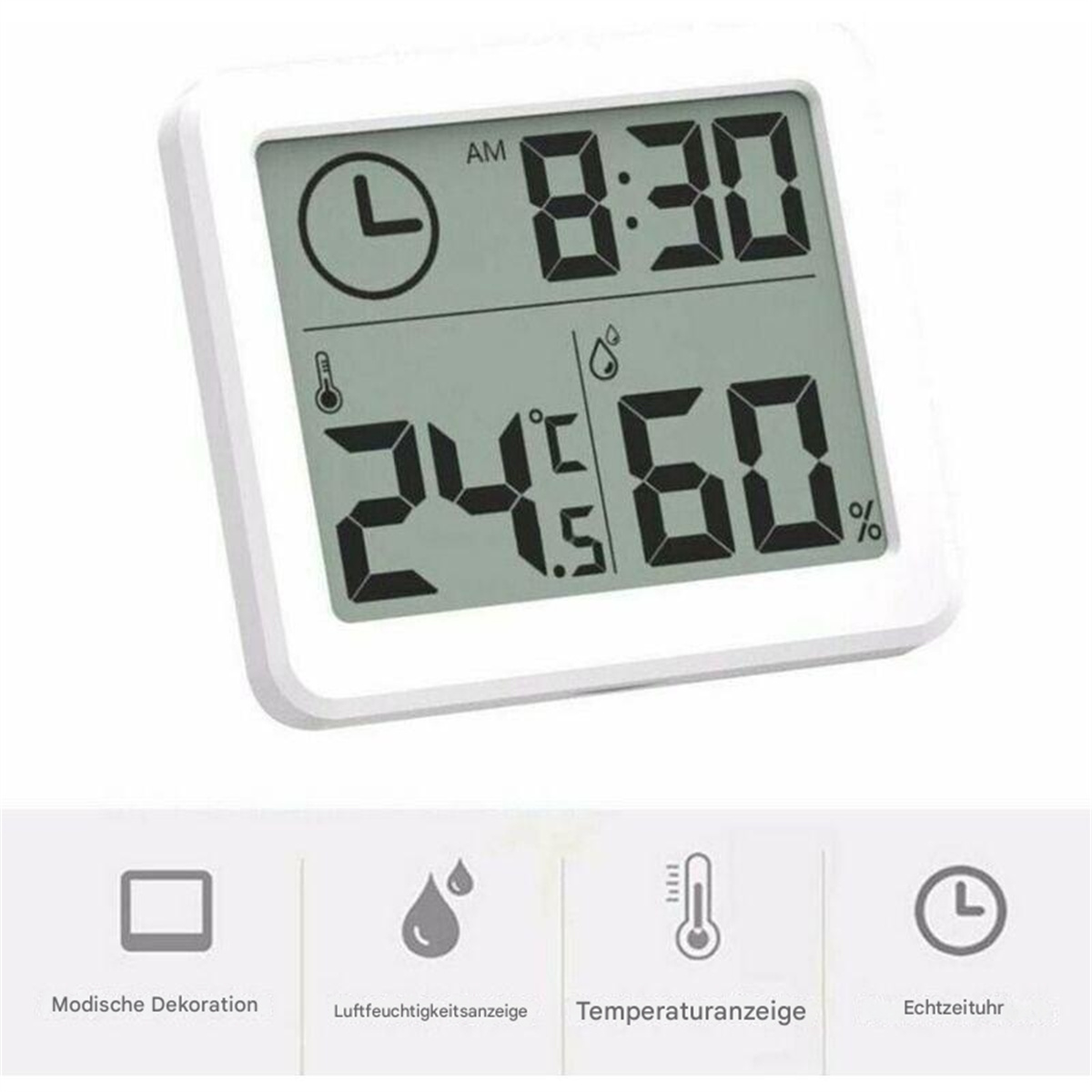 Digitaluhr mit Zeit- und Temperaturanzeige. Symbole zeigen Luftfeuchtigkeit und Temperatur an.