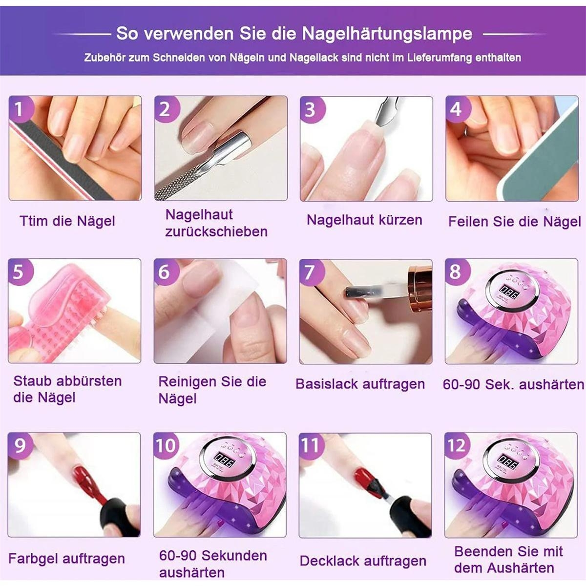 Sequenz, die Schritte zur Verwendung einer Nagelhärtungslampe zeigt. Anweisungen auf Deutsch.