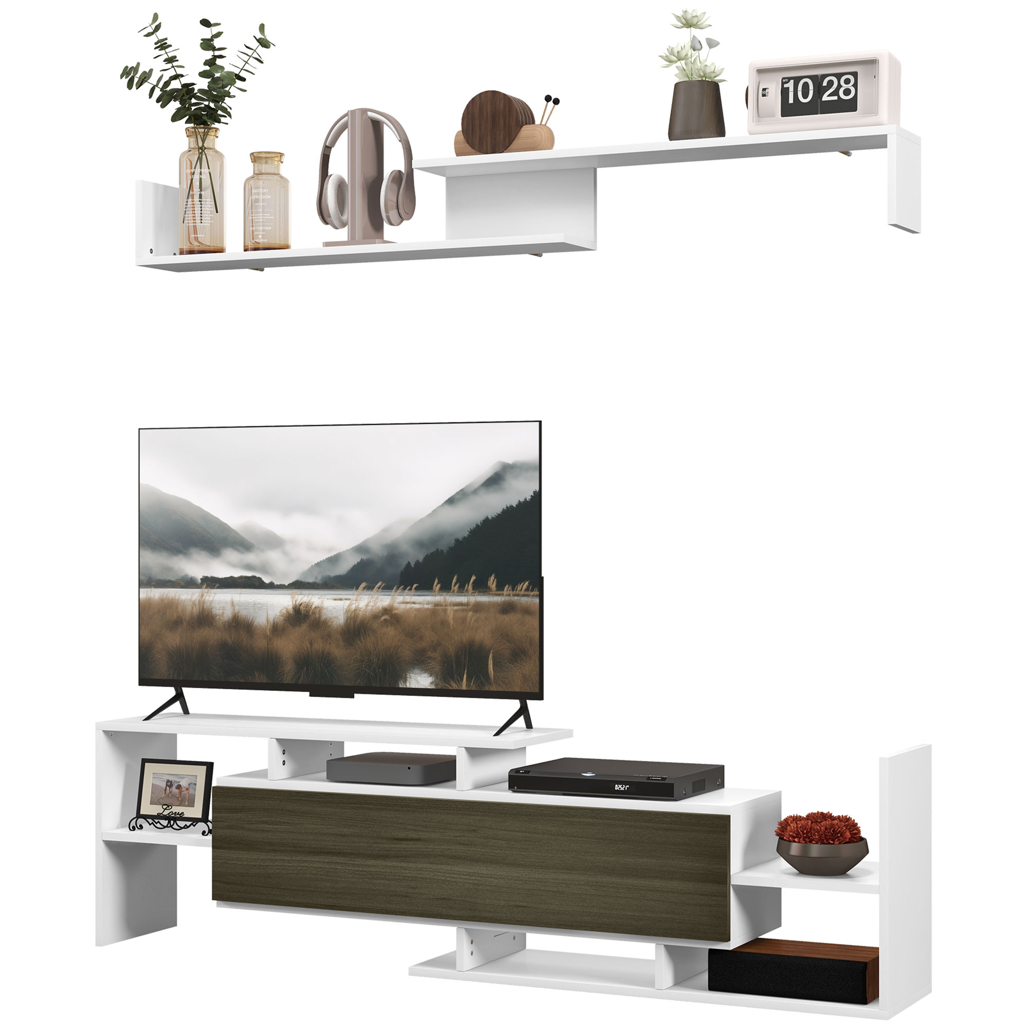 Mobile TV bianco e legno con TV, mensole e decorazioni. Lo sfondo mostra un muro bianco.