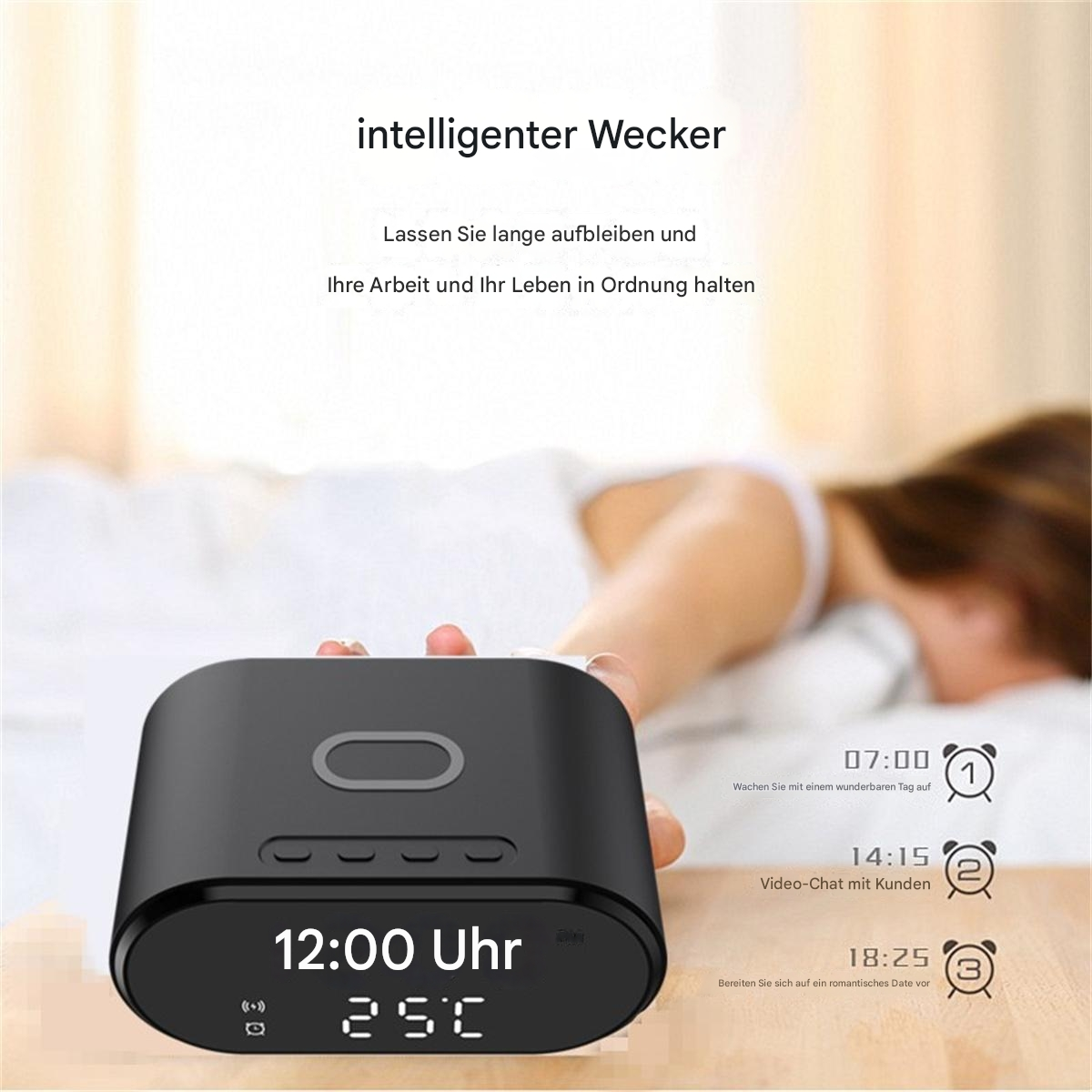 Ein Wecker mit der Uhrzeit 12:00 Uhr und 25C. Es gibt drei Zeitvorschläge für den Tag.