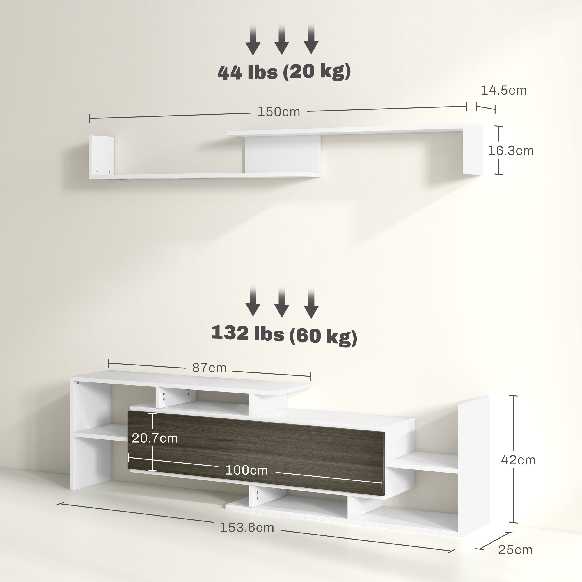 Mobile TV bianco e marrone con dimensioni ed etichette di peso.
