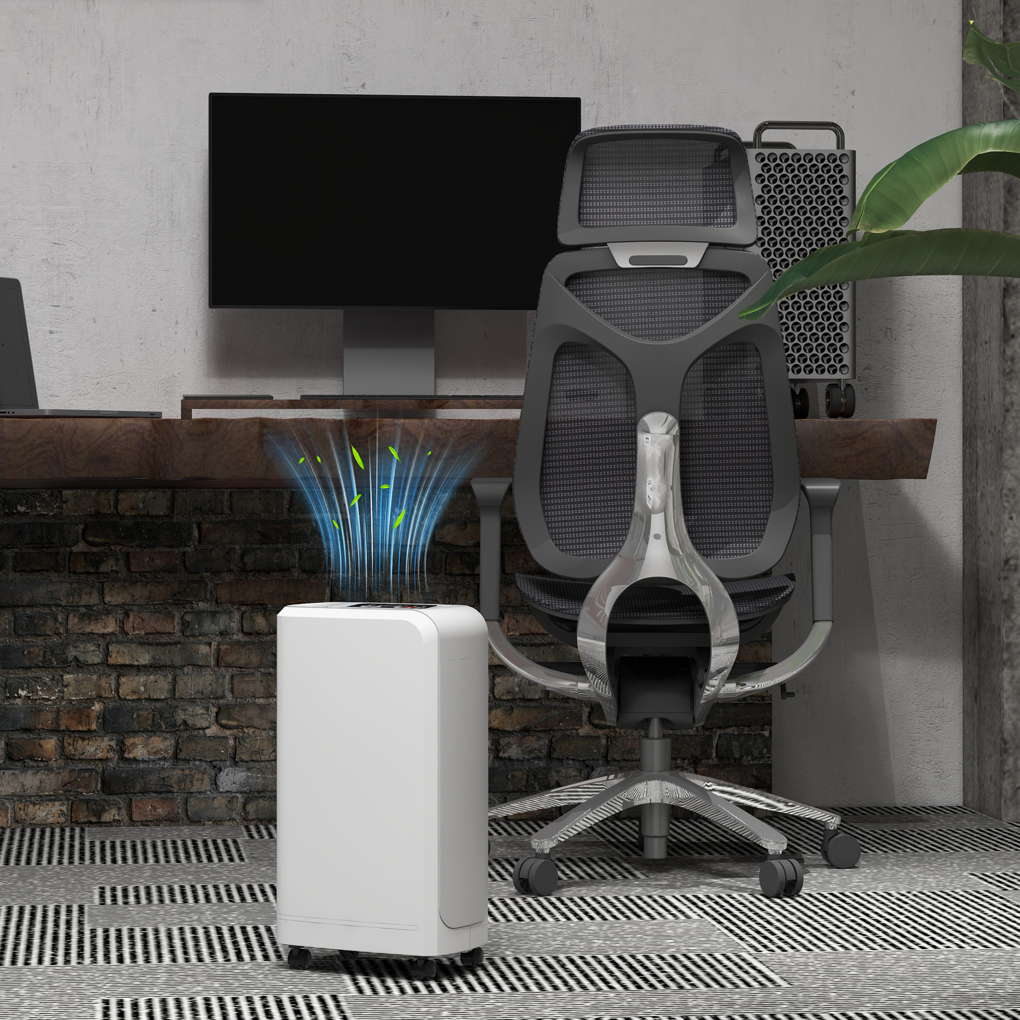Configurazione ufficio con purificatore d'aria, scrivania, sedia e monitor.