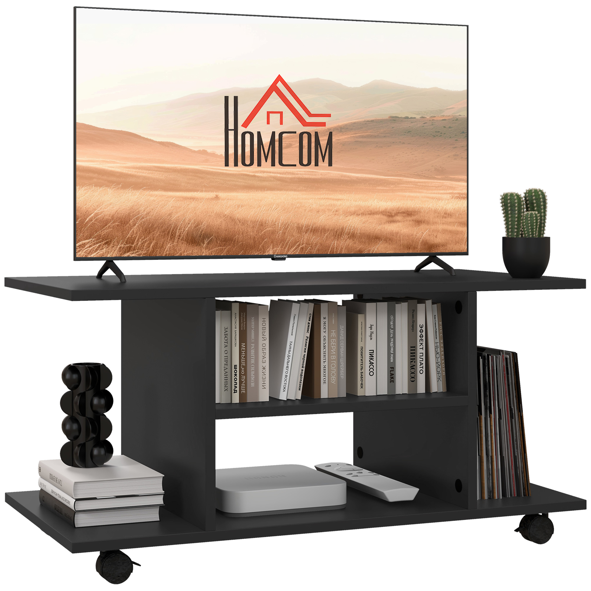 Mobile TV nero con TV, libri e oggetti decorativi su sfondo bianco.