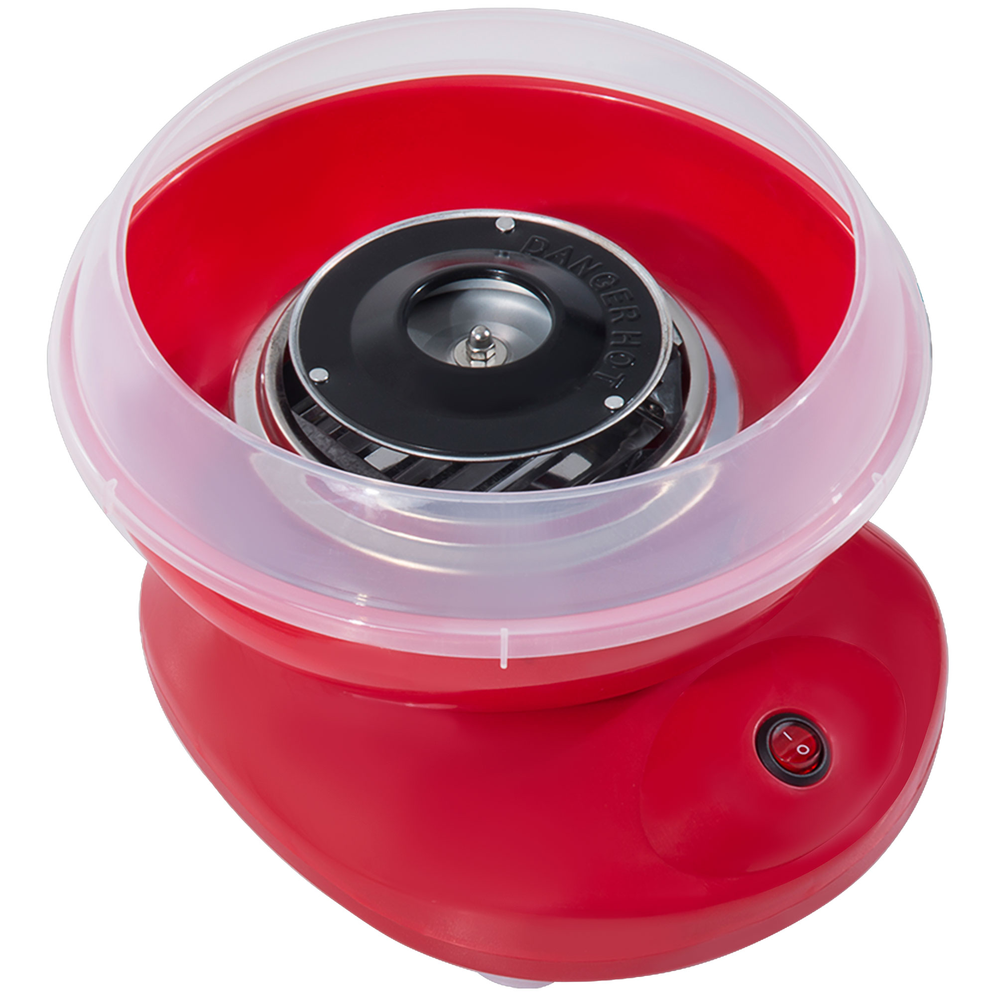 Una macchina per lo zucchero filato rossa con una cupola trasparente. Ha un pulsante.