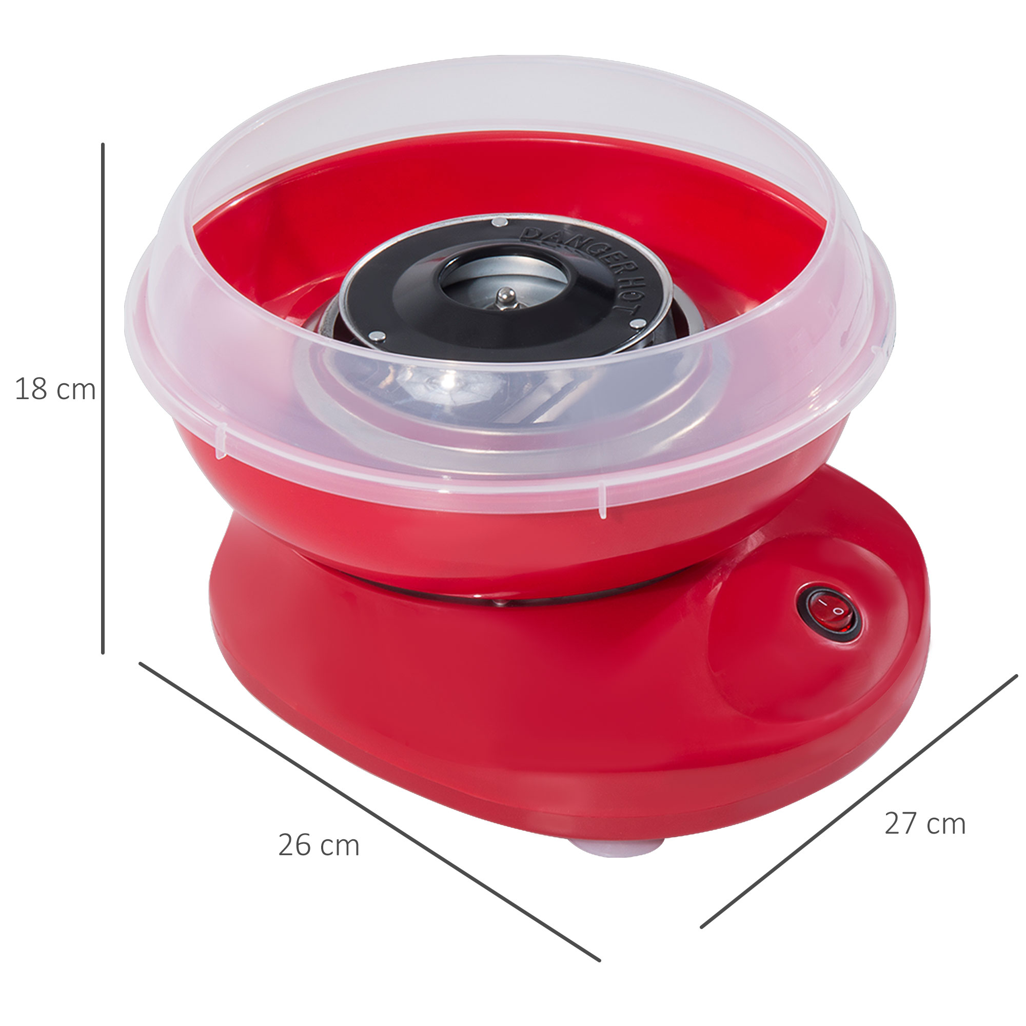 Macchina per zucchero filato rossa con cupola trasparente ed etichette delle dimensioni.