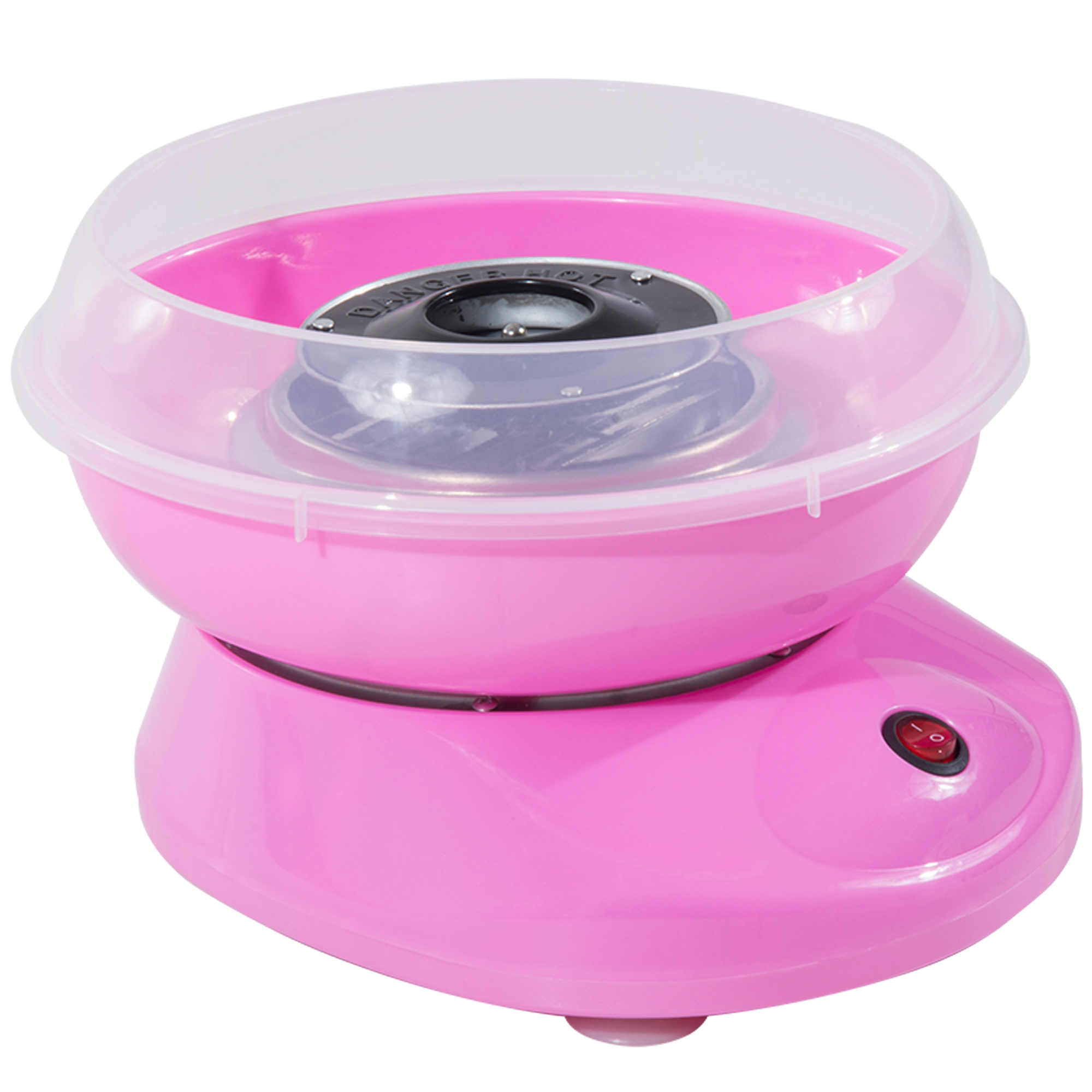 Macchina per zucchero filato rosa con coperchio trasparente. Pulsante rosso.