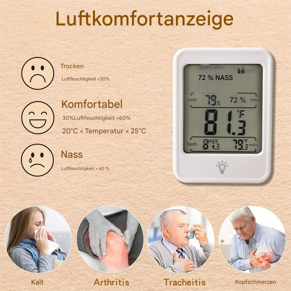 Digitalthermometer mit Temperatur- und Feuchtigkeitsanzeige und Gesundheitssymbolen.