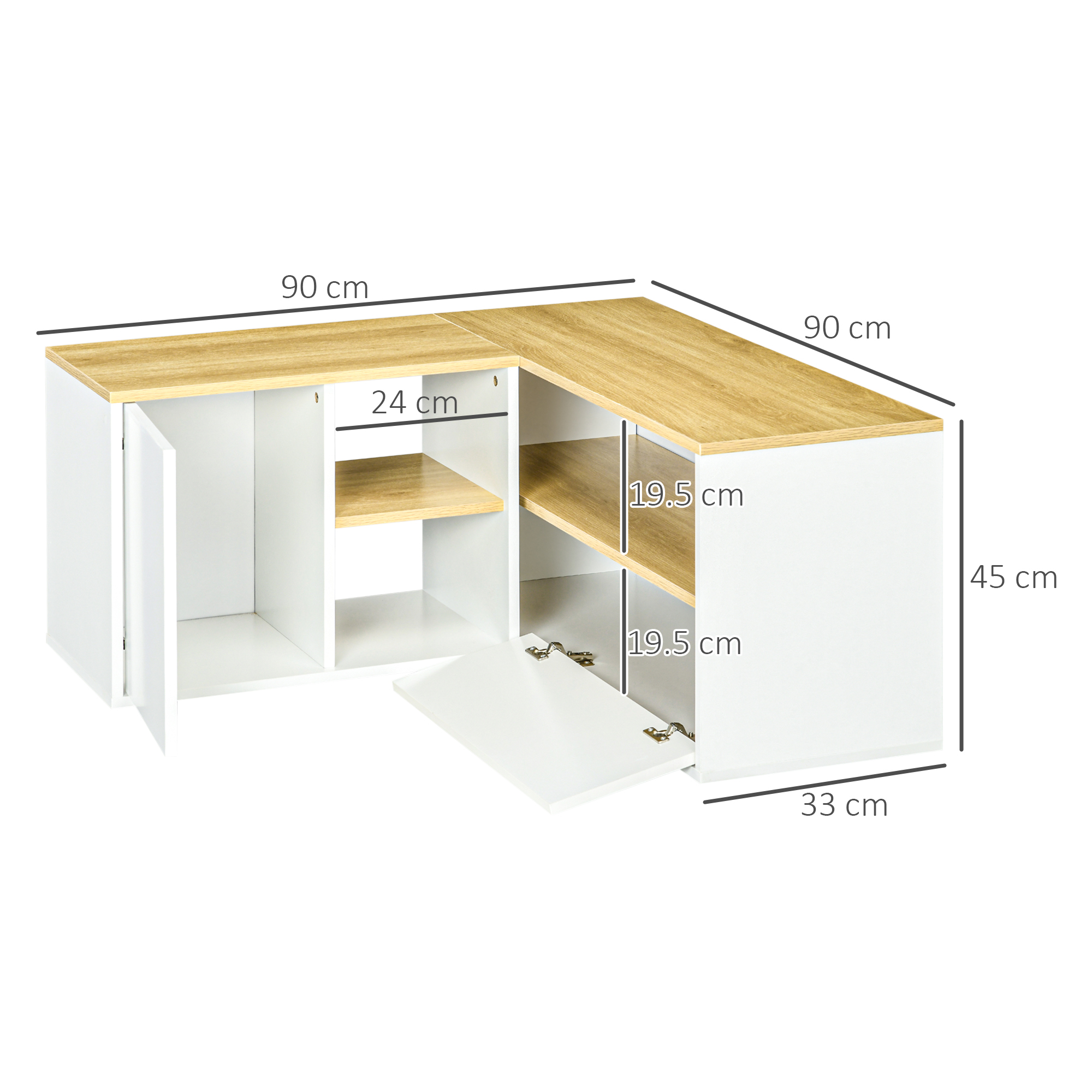 Mobile bianco e legno a L con ripiani aperti e ante. Le dimensioni sono indicate.