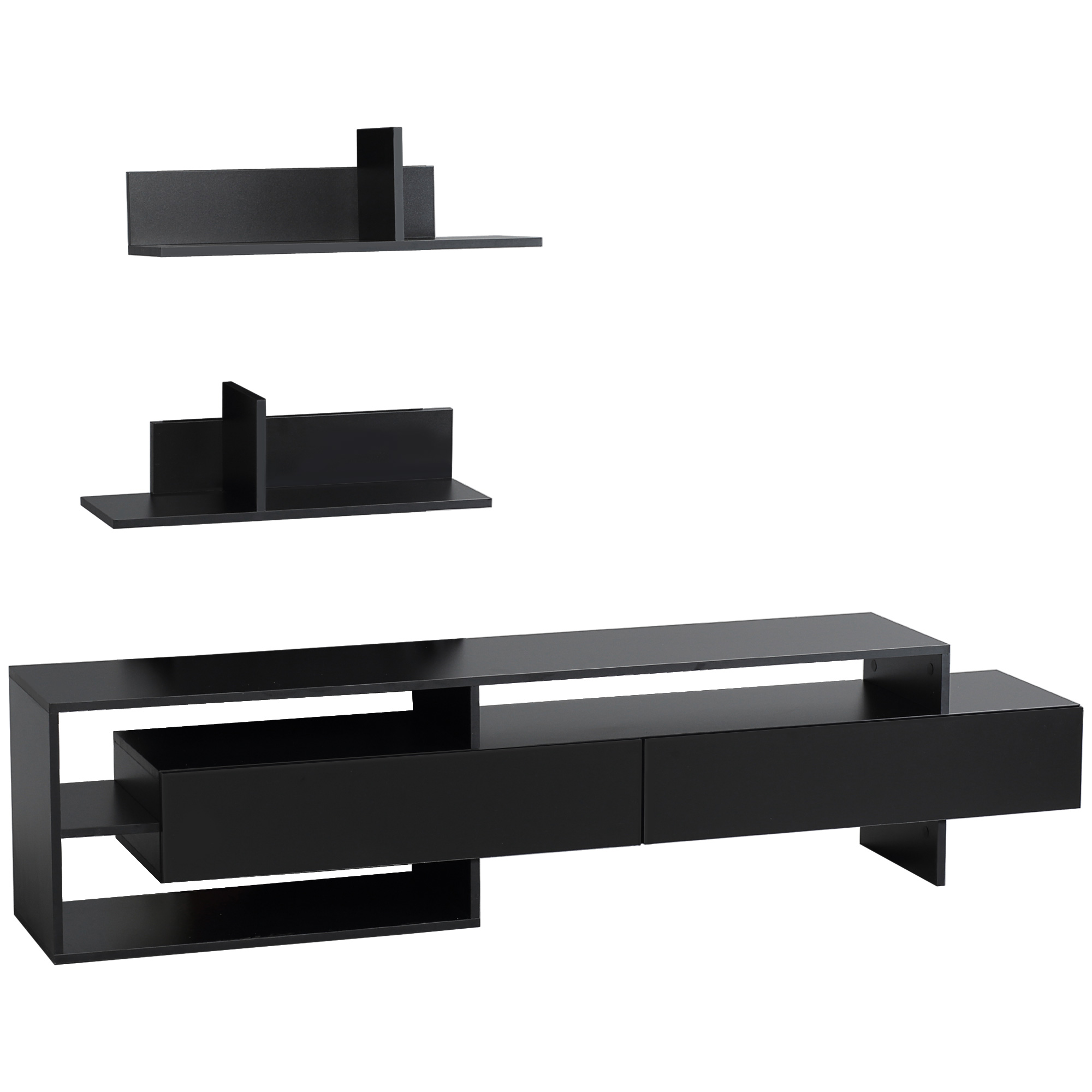 Mobile TV nero con ripiani. Il design include un mobile basso e due mensole a muro.