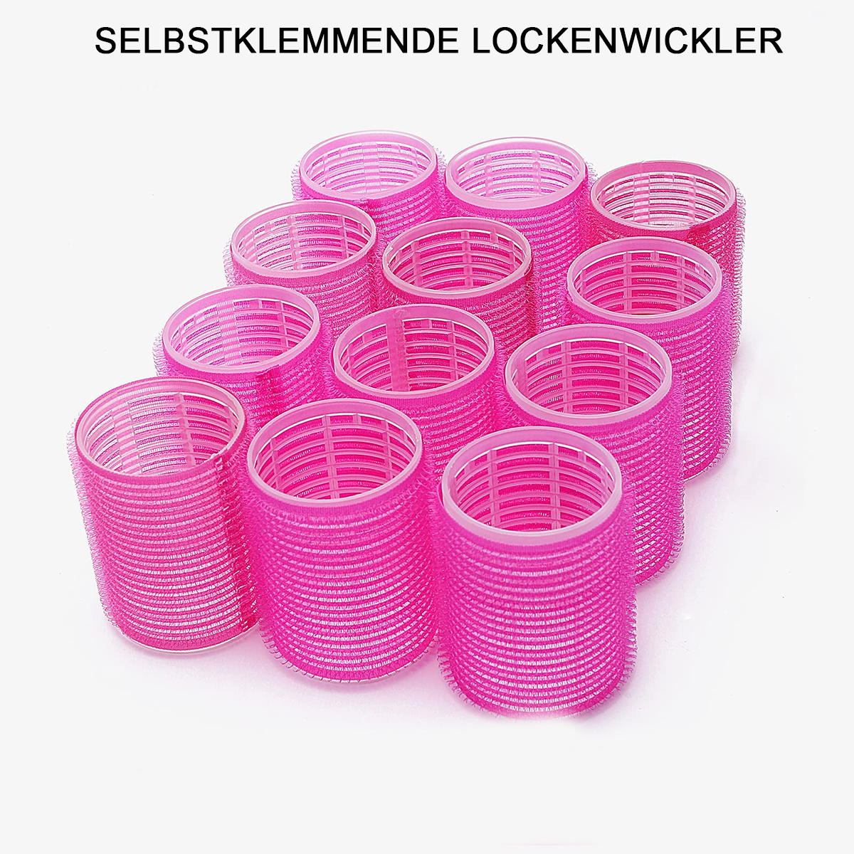 Pinke Lockenwickler, angeordnet in einer Gruppe auf weißem Hintergrund, mit Text oben.
